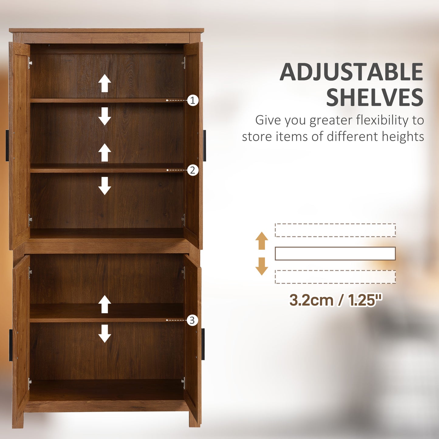 HOMCOM 64" Kitchen Pantry Cabinet, Freestanding Storage Cabinet with 4 Doors, 3 Adjustable Shelves, Oak