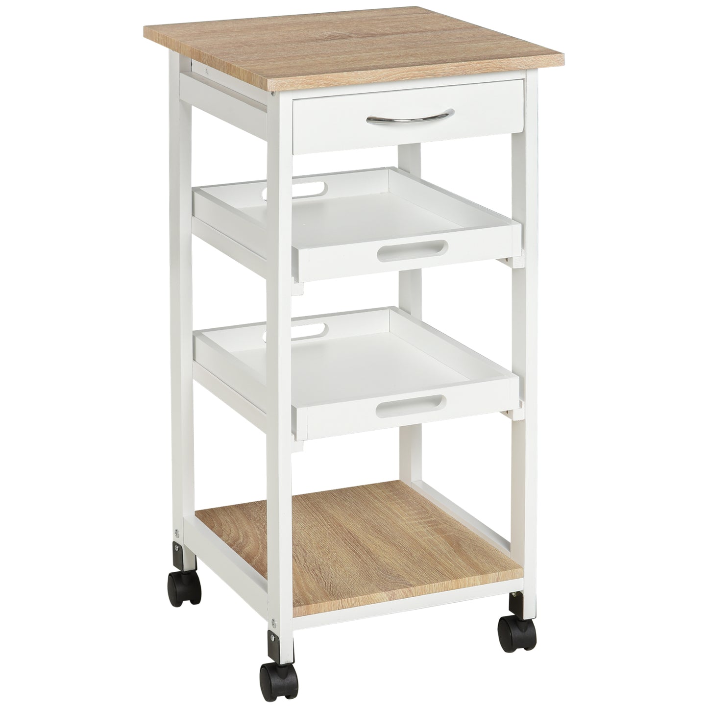 HOMCOM Bar Cart, 4-Tier Kitchen Cart with Removable Serving Tray, Kitchen Shelves on Wheels with Drawer for Dining Room, Living Room, White