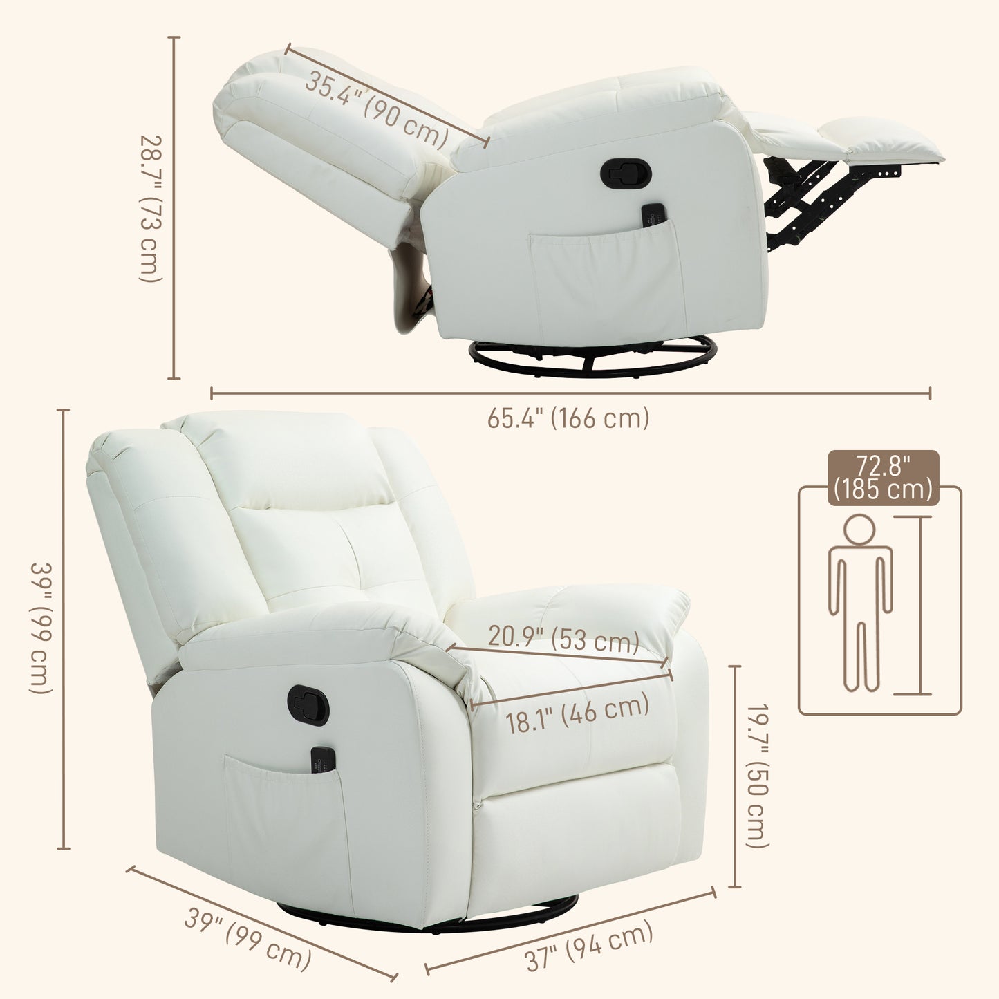 HOMCOM 8-Point Vibration Massage Recliner Chair for Living Room, PU Leather 360° Swivel Manual Reclining Sofa Rocking Chair with Remote Control, Side Pockets, Grey