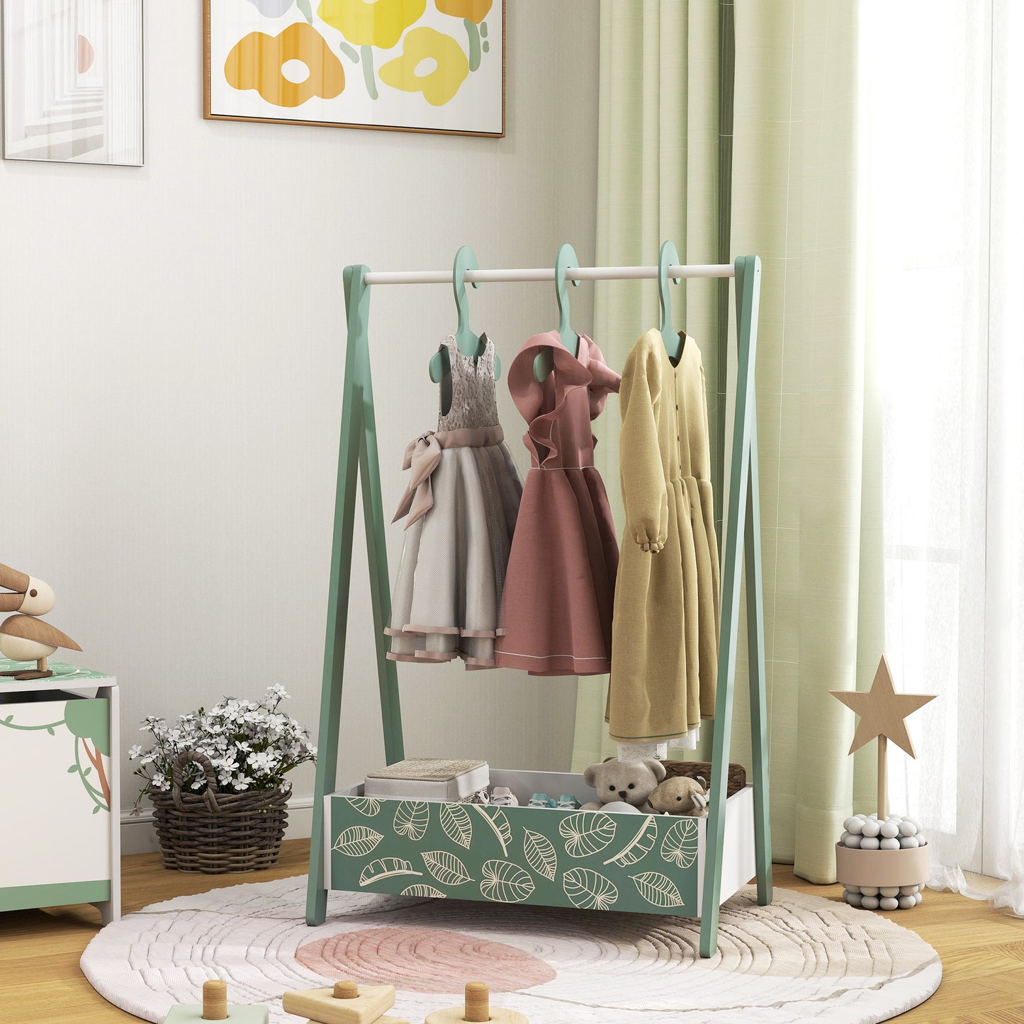 Qaba Kids Clothing Rack with Storage Shelf, Hangers, for Nursery Room, Living Room, Playroom, Pink