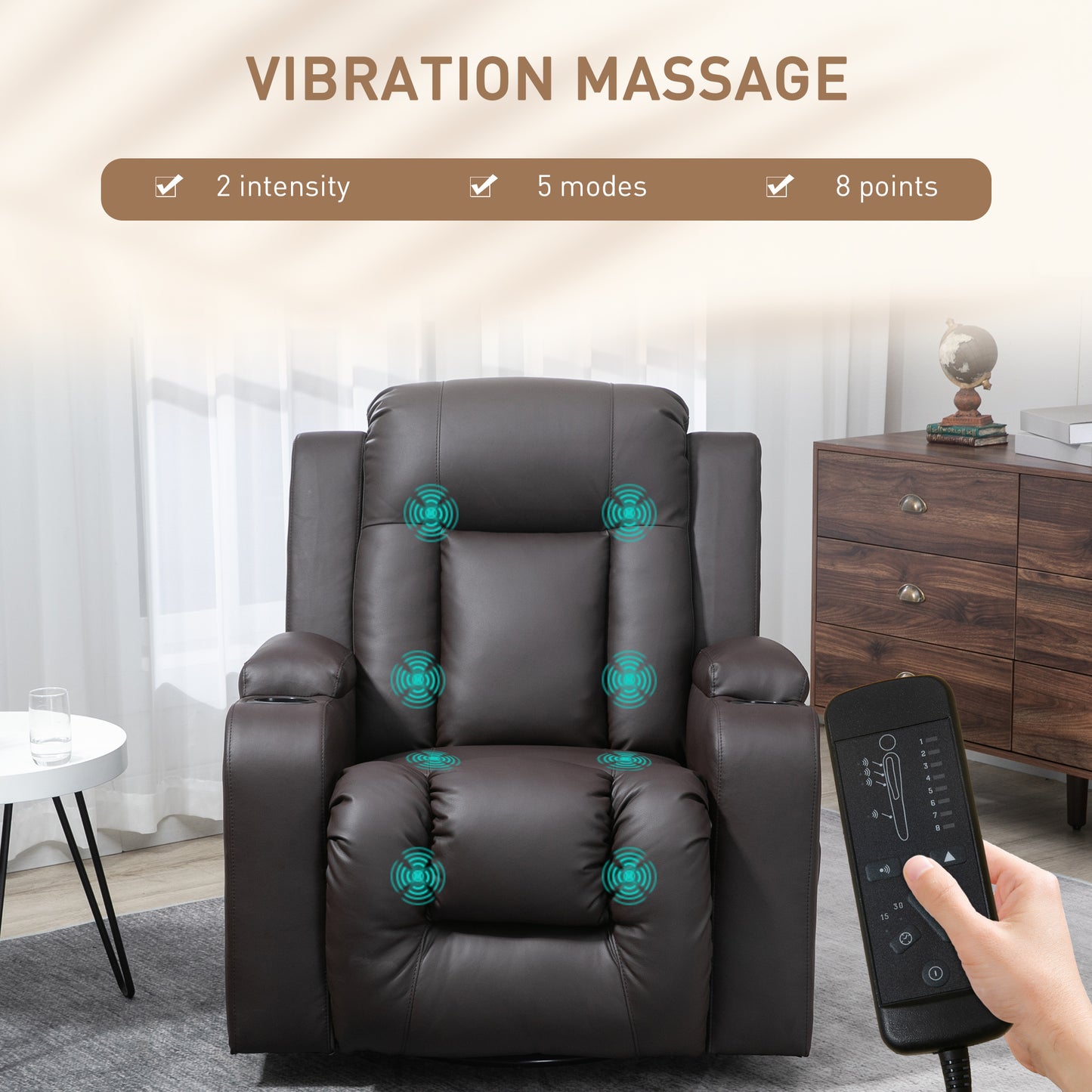 HOMCOM Swivel Massage Recliner Chair Rocker, Overstuffed Manual Reclining Sofa, PU Leather Rocking Chair with Side Pockets, Cup Holders, for Living Room, Nursery, Brown