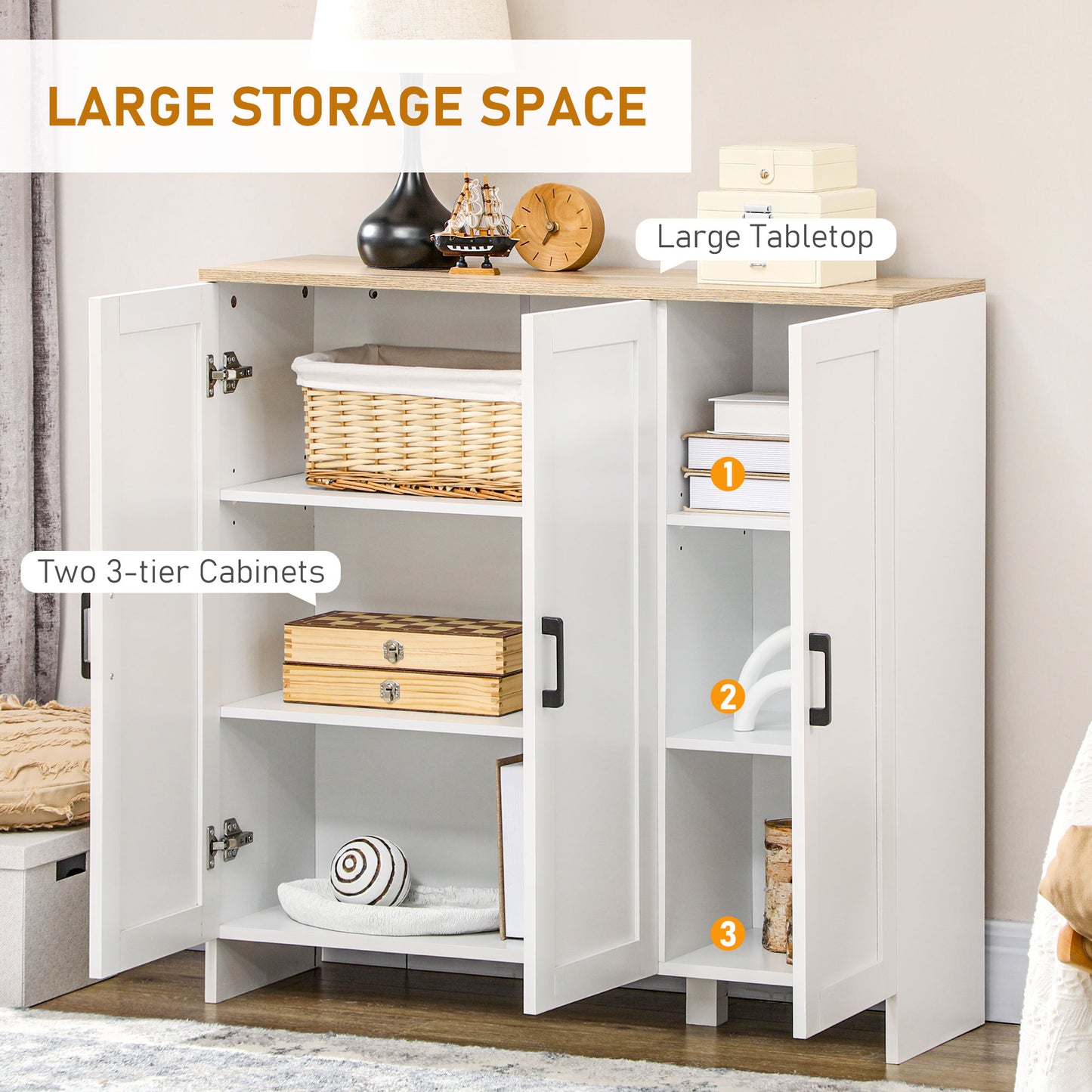HOMCOM Modern Sideboard Buffet Cabinet, Modern Kitchen Storage Cabinet with 3 Doors Adjustable Shelves, for Dining Room, White