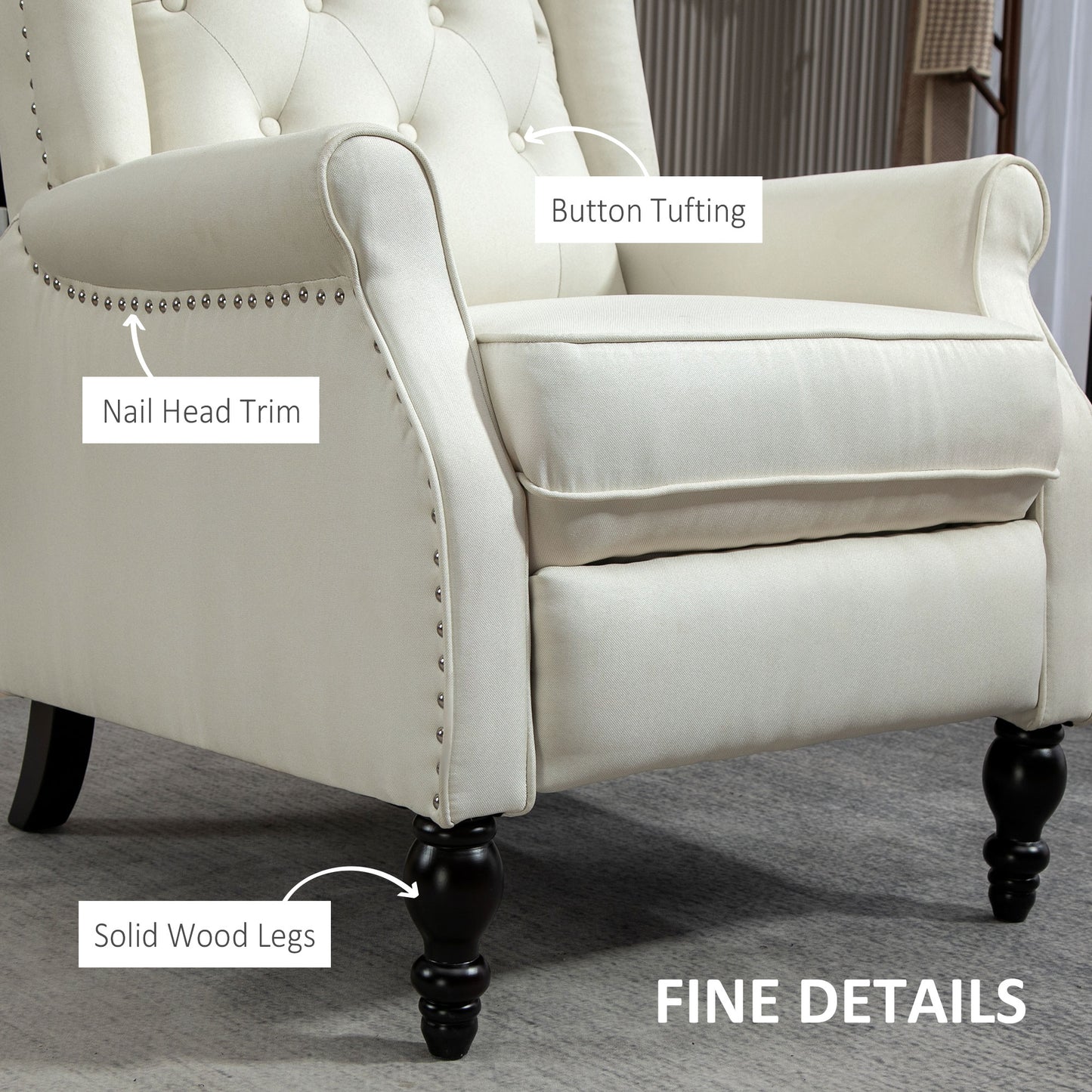 HOMCOM Wingback Reclining Chair with Footrest, Button Tufted Recliner Chair with Rolled Armrests for Living Room, Light Grey