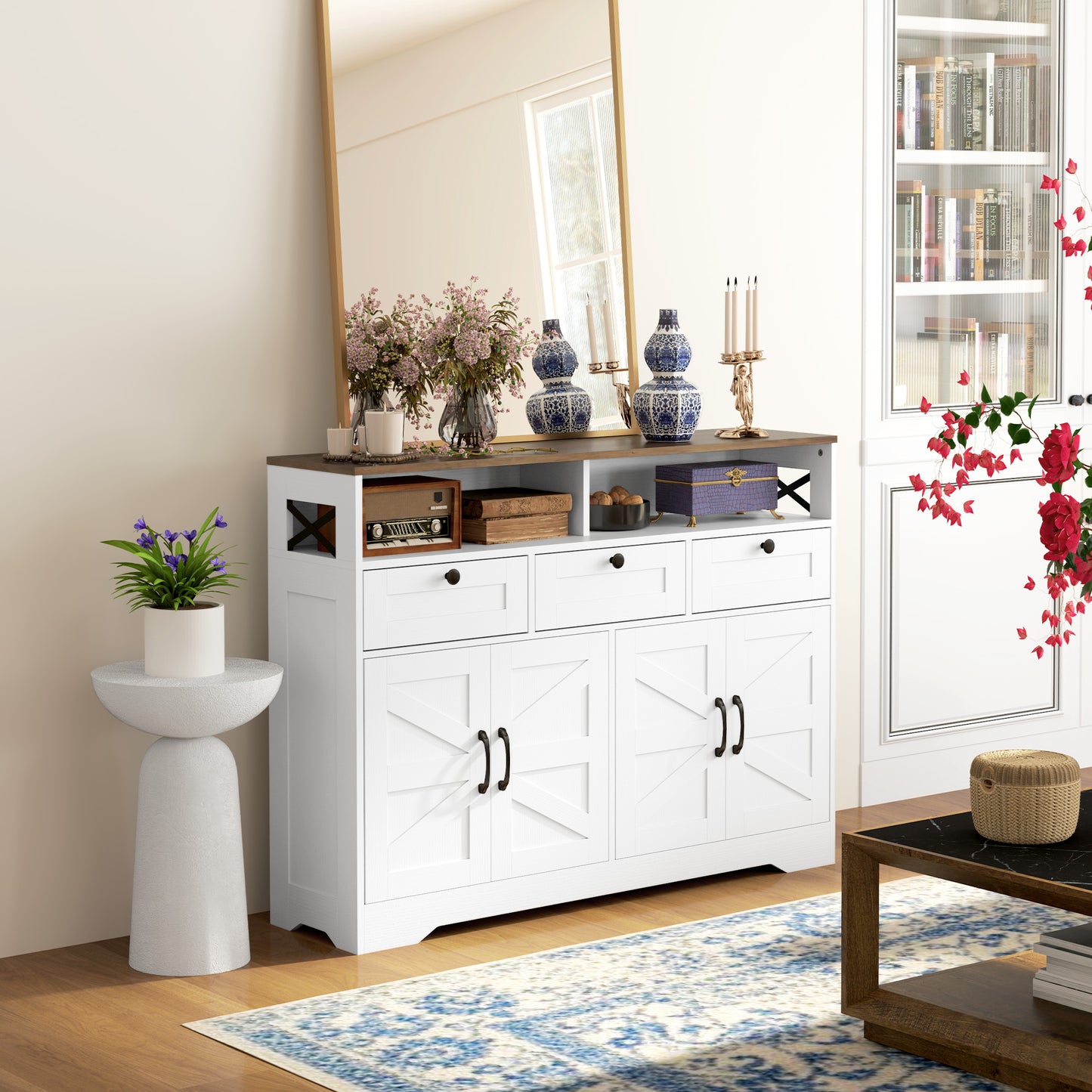 HOMCOM Sideboard, Buffet Cabinet with 4 Barn Doors and 3 Drawers, Coffee Bar Cabinet with Adjustable Shelves, Black
