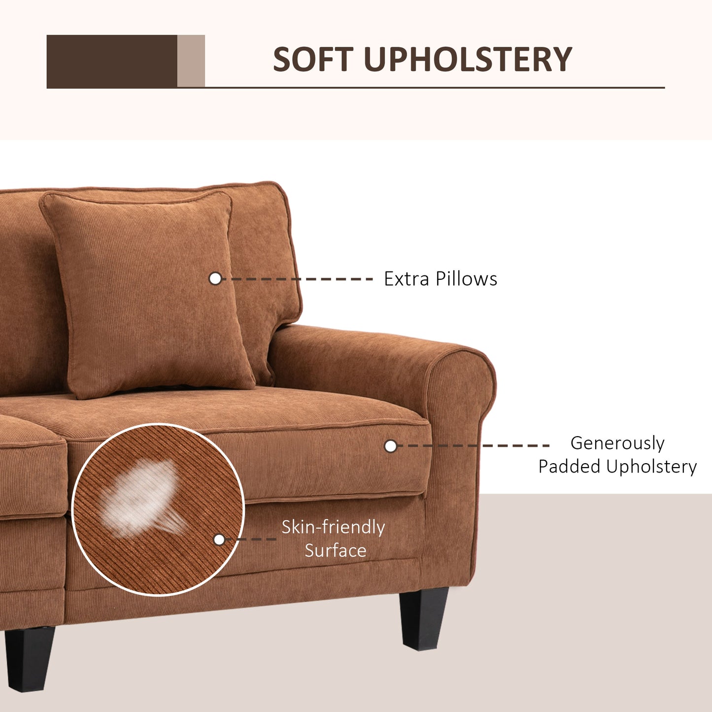 HOMCOM Modern 3 Seater Sofa, Corduroy Fabric 3 Seater Couch with Pine Wood Legs and Rolled Armrests for Living Room, Light Grey