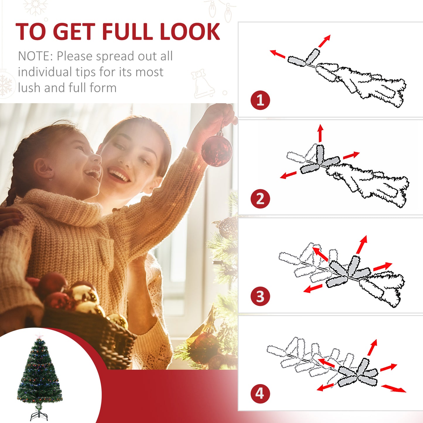 HOMCOM 4ft Prelit Artificial Optical Xmas Tree Spruce Hinged Full Tree