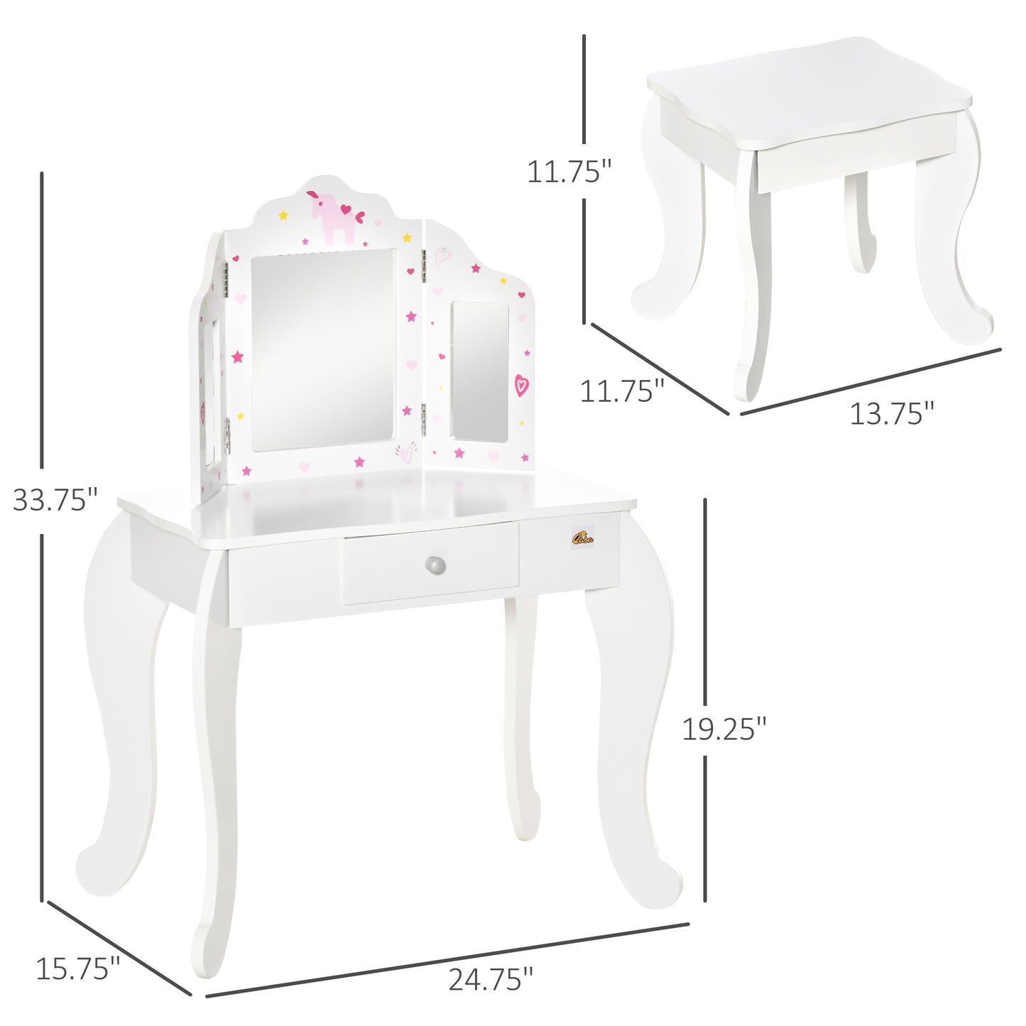 Qaba Kids Vanity Table and Stool, Makeup Vanity Girls Dressing Table Set with Tri-folding Mirrors Drawer Star and Heart Pattern, White