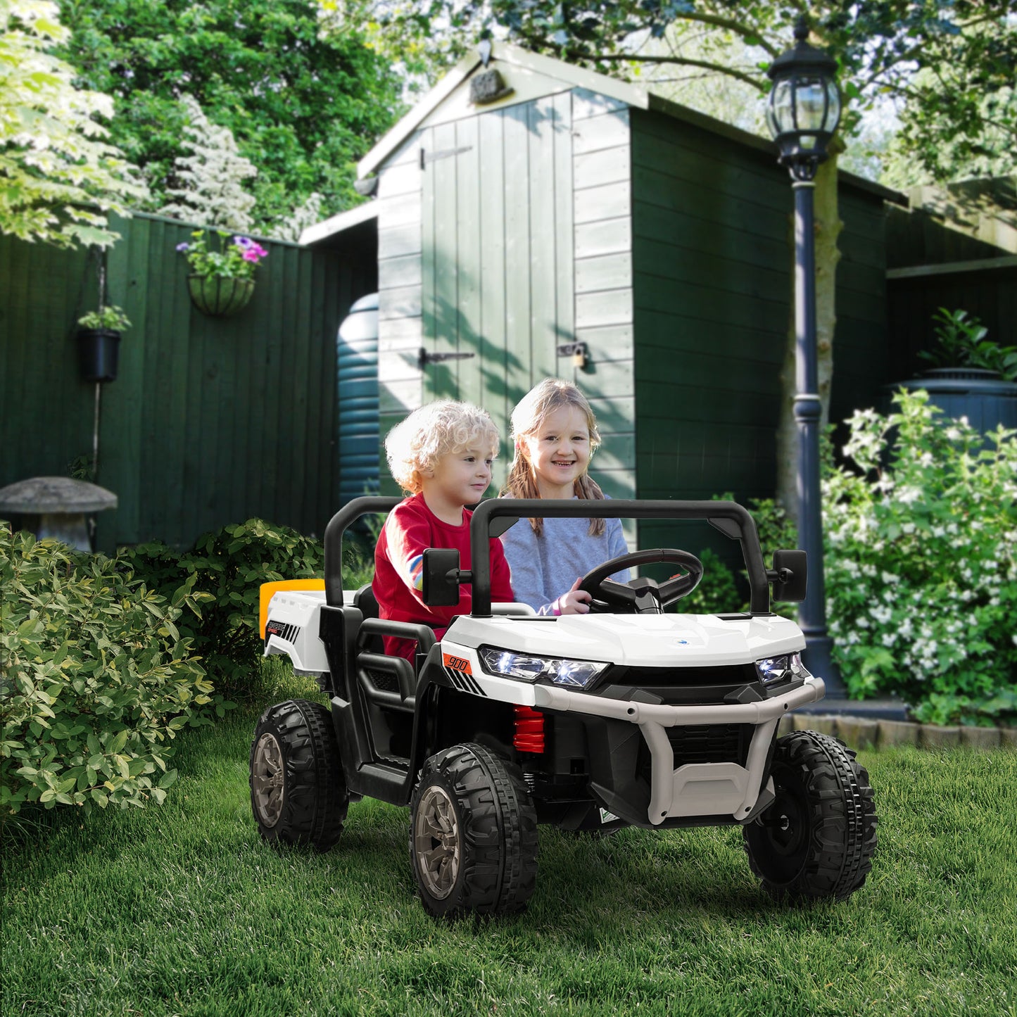 Aosom 12V Ride on Car with Electric Bucket, Two-Seater, Shovel, Remote Control, Spring Suspension, Horn, Music, Red