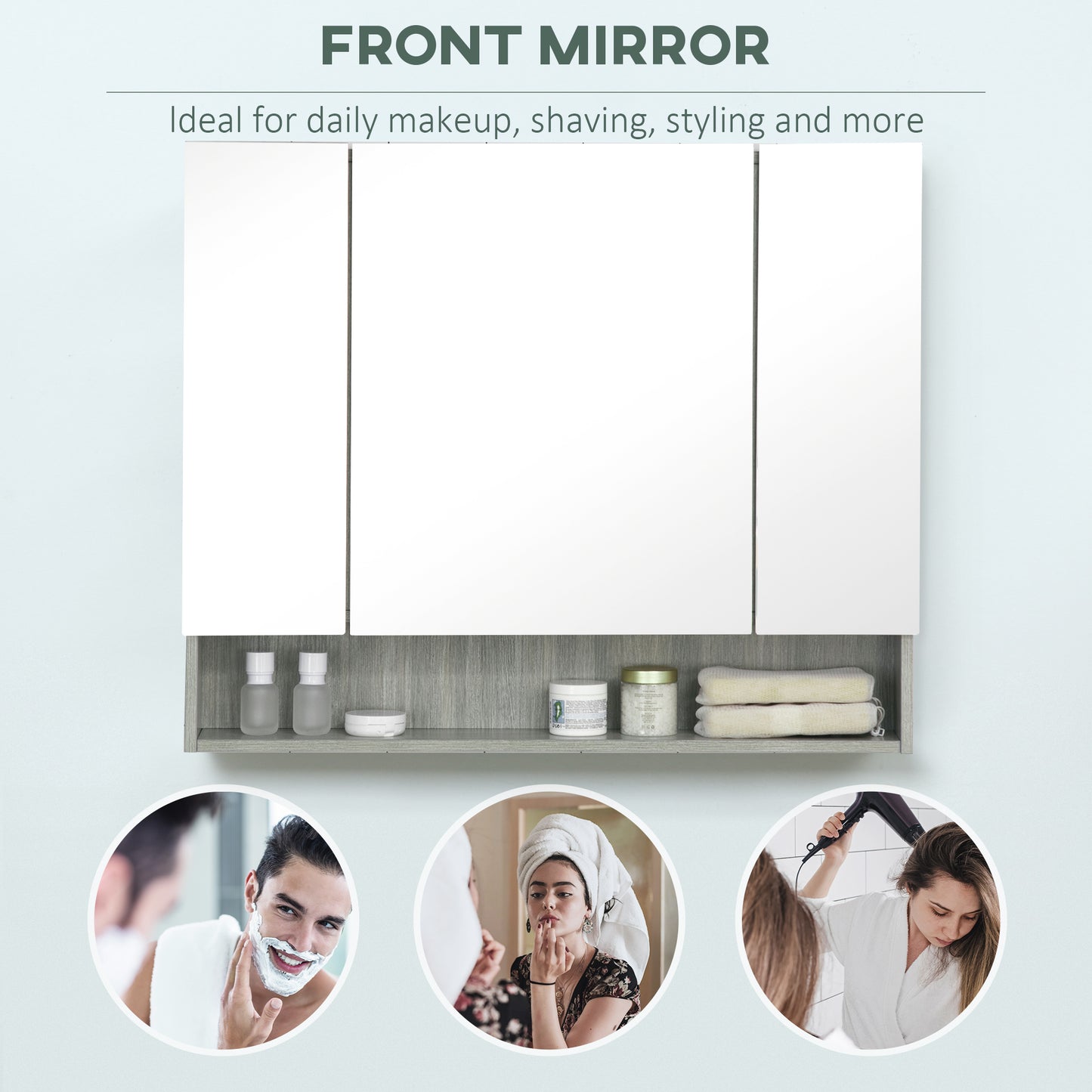 kleankin Wall Mounted Bathroom Medicine Cabinet with Mirror and Adjustable Shelves, Grey
