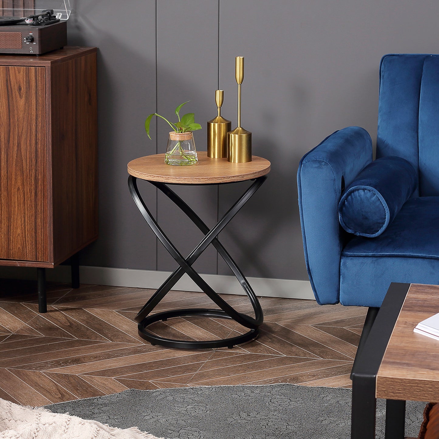 HOMCOM Industrial End Table with Round Tabletop, Sofa Side Table with Steel Frame, 15.7"x15.7"x19.7", Light Brown