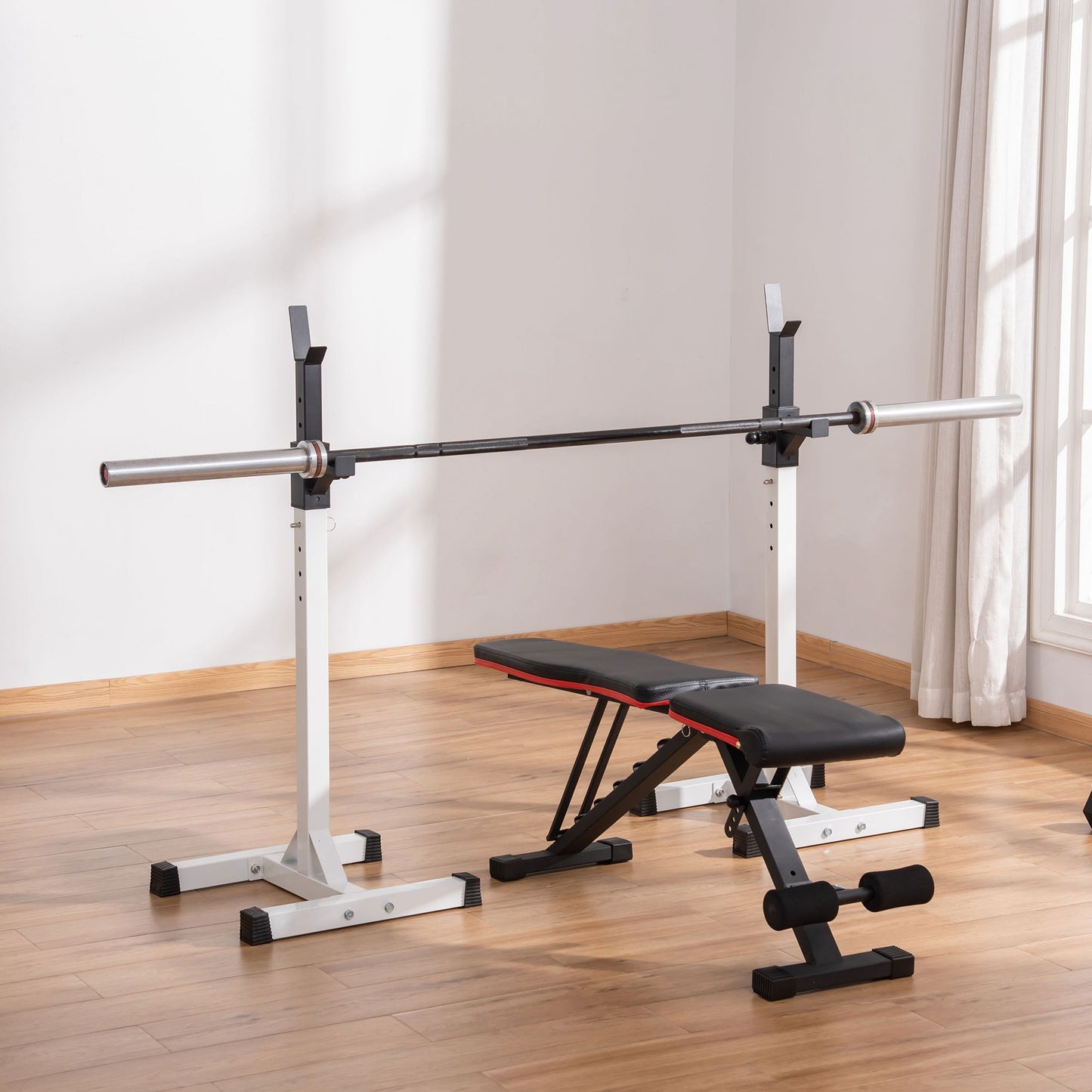 Soozier Adjustable Barbell Rack Stable Power Squat Stand Portable 2 Bars Barbell Holder Weight Rack, Black and White