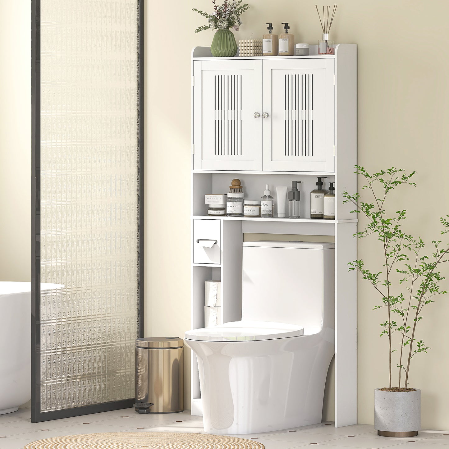 HOMCOM Over the Toilet Storage Cabinet, Bathroom Organizer with Adjustable Shelf, Toilet Paper Holder for Bathroom, Laundry
