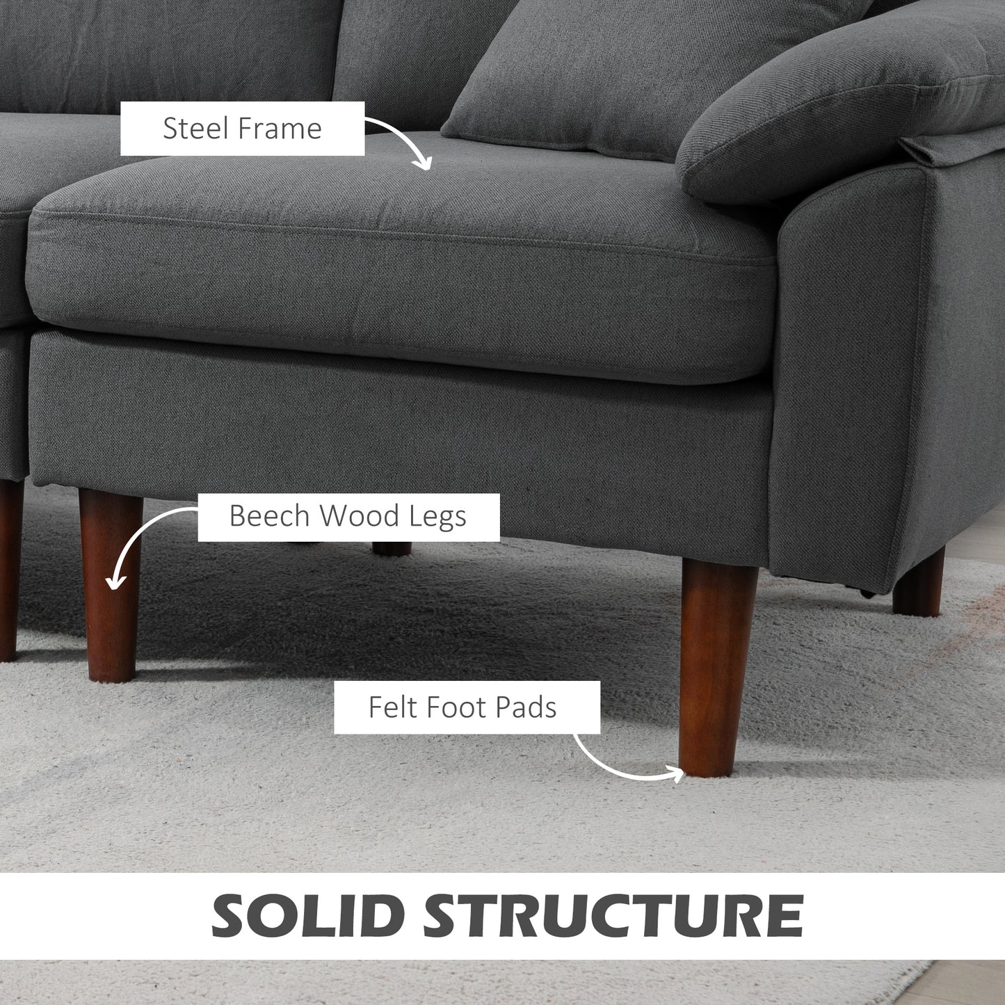 HOMCOM L-Shape Sofa, Modern Sectional Couch with Changeable Chaise Lounge, Pillows and Wooden Legs for Living Room, Dark Grey