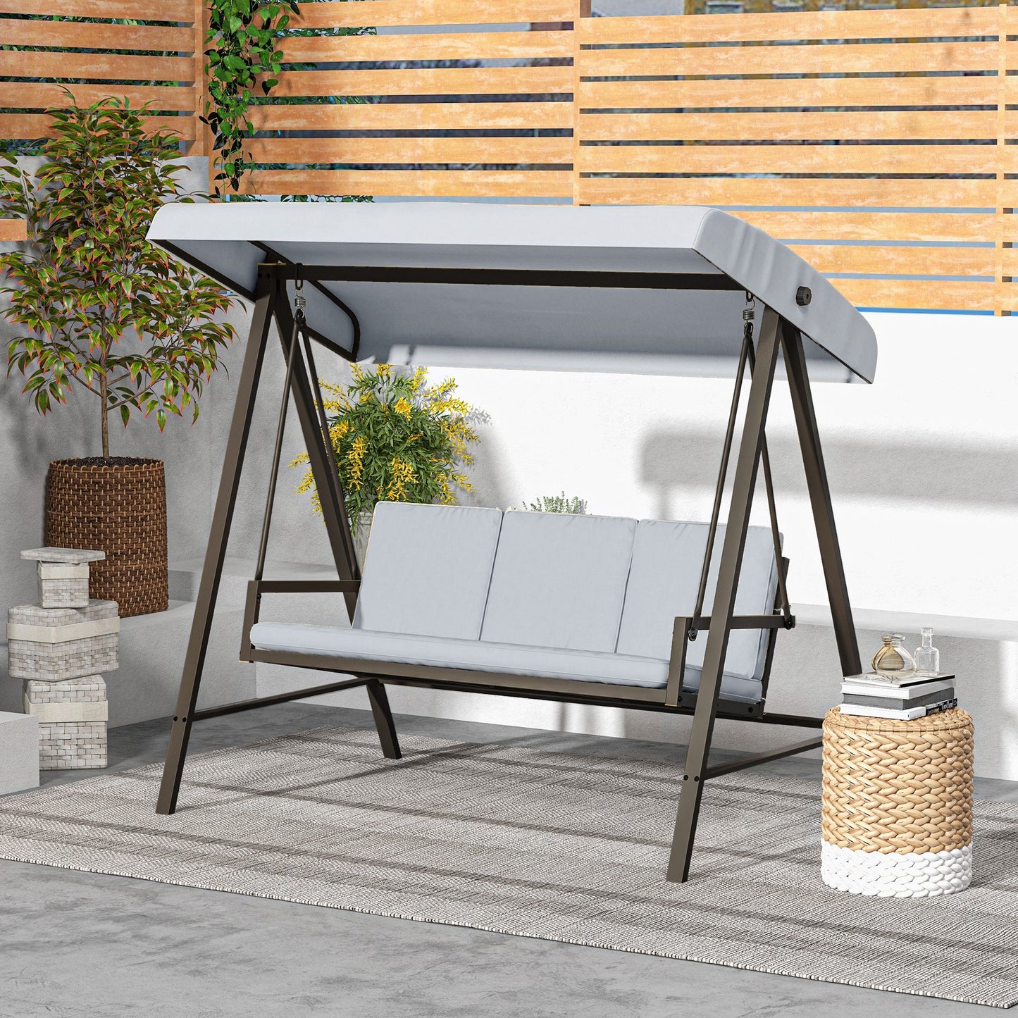 Outsunny 3 Seater Patio Swing Chair, Porch Swing with Adjustable Canopy and Removable Cushions, Outdoor Swing Seat, Beige
