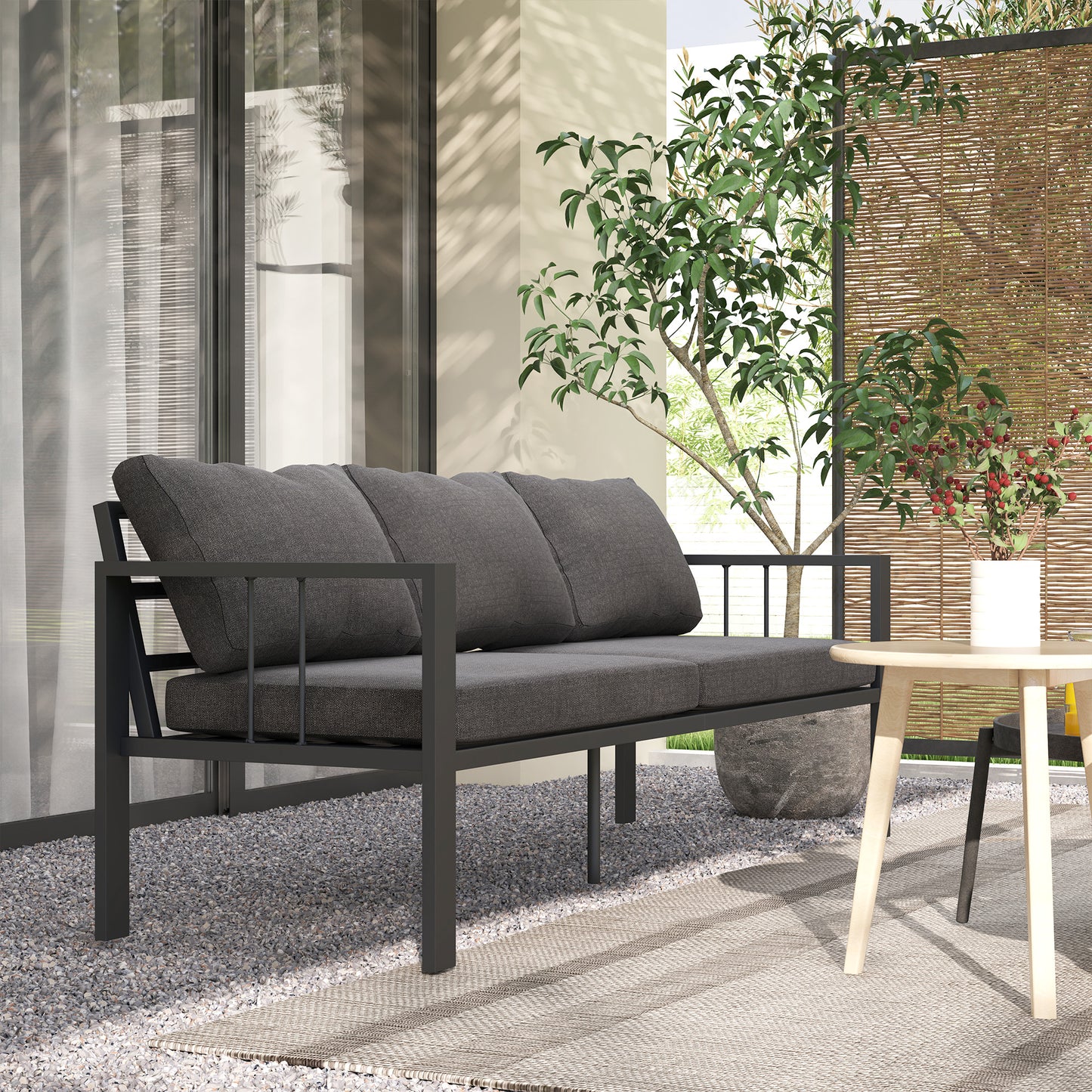Outsunny Aluminum Garden Sofa, 3-Person Outdoor Couch, Backyard Furniture for 3-person with Cushions, 72.8" x 26" x 25.2", Grey