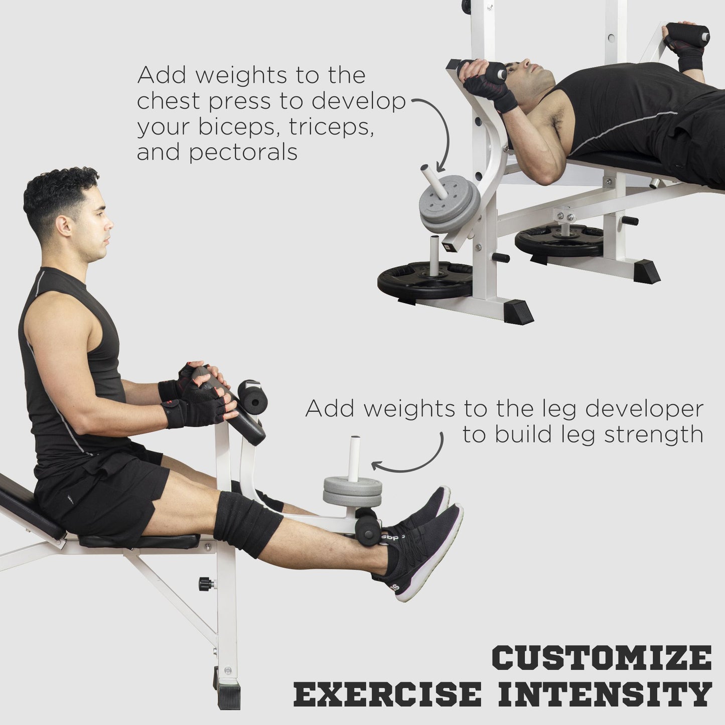 Soozier Bench Press Set Adjustable Weight Bench with Squat Rack, Preacher Curl Pad, Leg Developer and Weight Storage, White