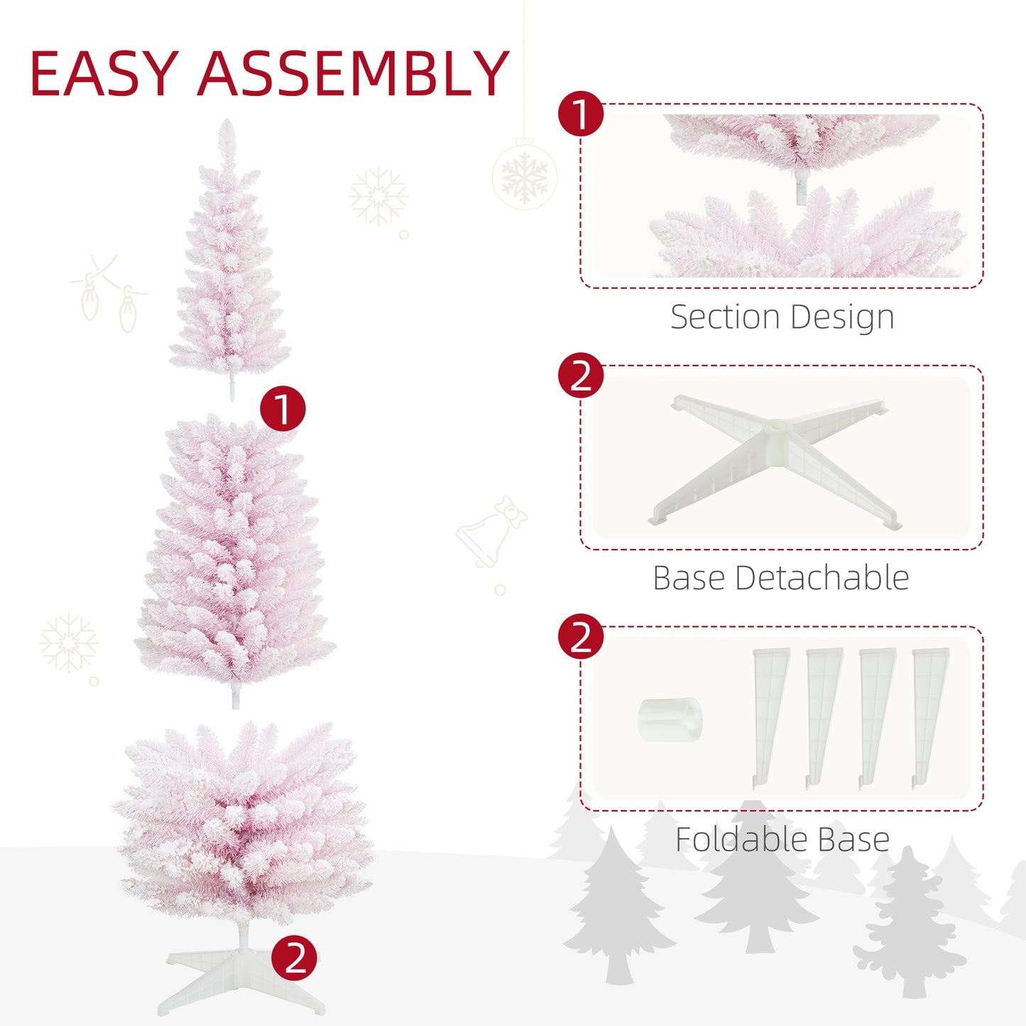 HOMCOM 6ft Flocked Christmas Tree, Pencil Artificial Christmas Tree with Realistic Branches, Pink