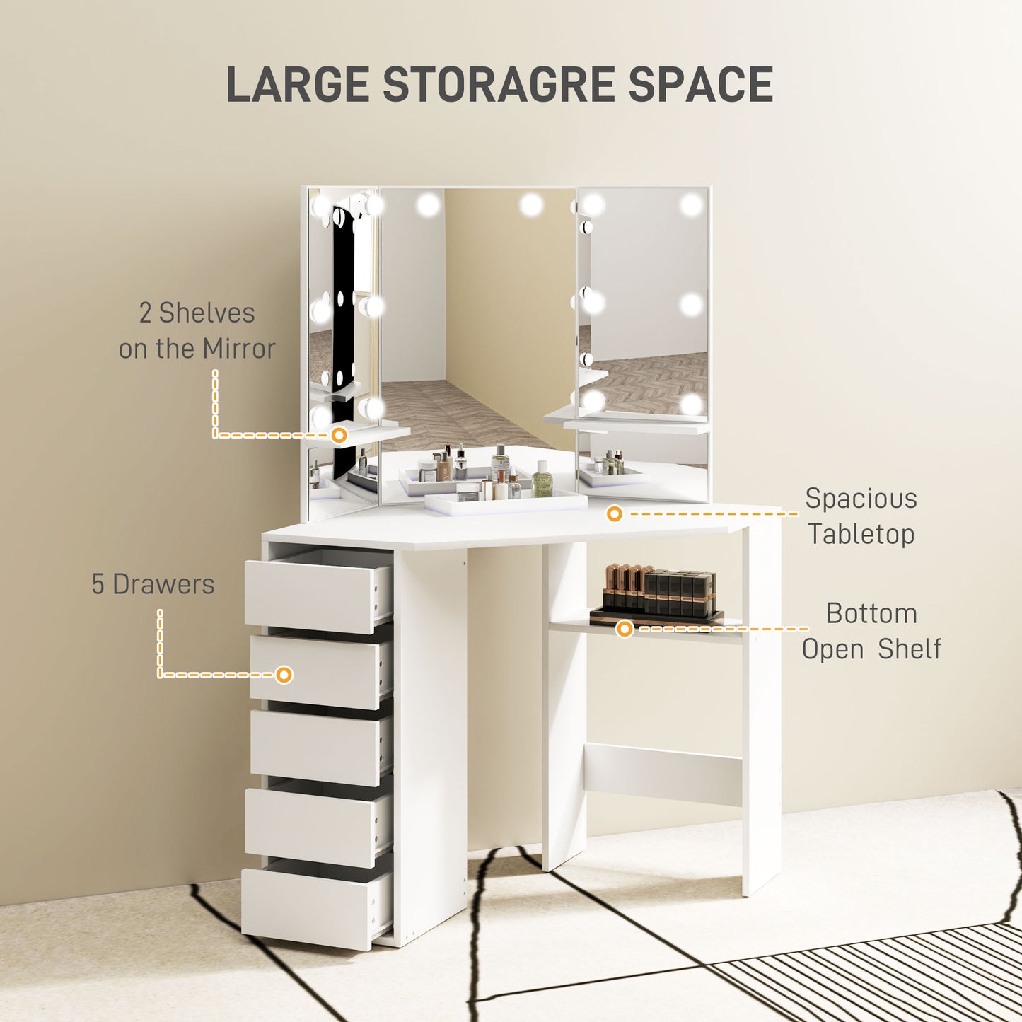 HOMCOM Makeup Vanity Desk with 3-Panel Mirror and 10 LED Lights, Dressing Table with 5 Drawers and Shelves for Bedroom, White