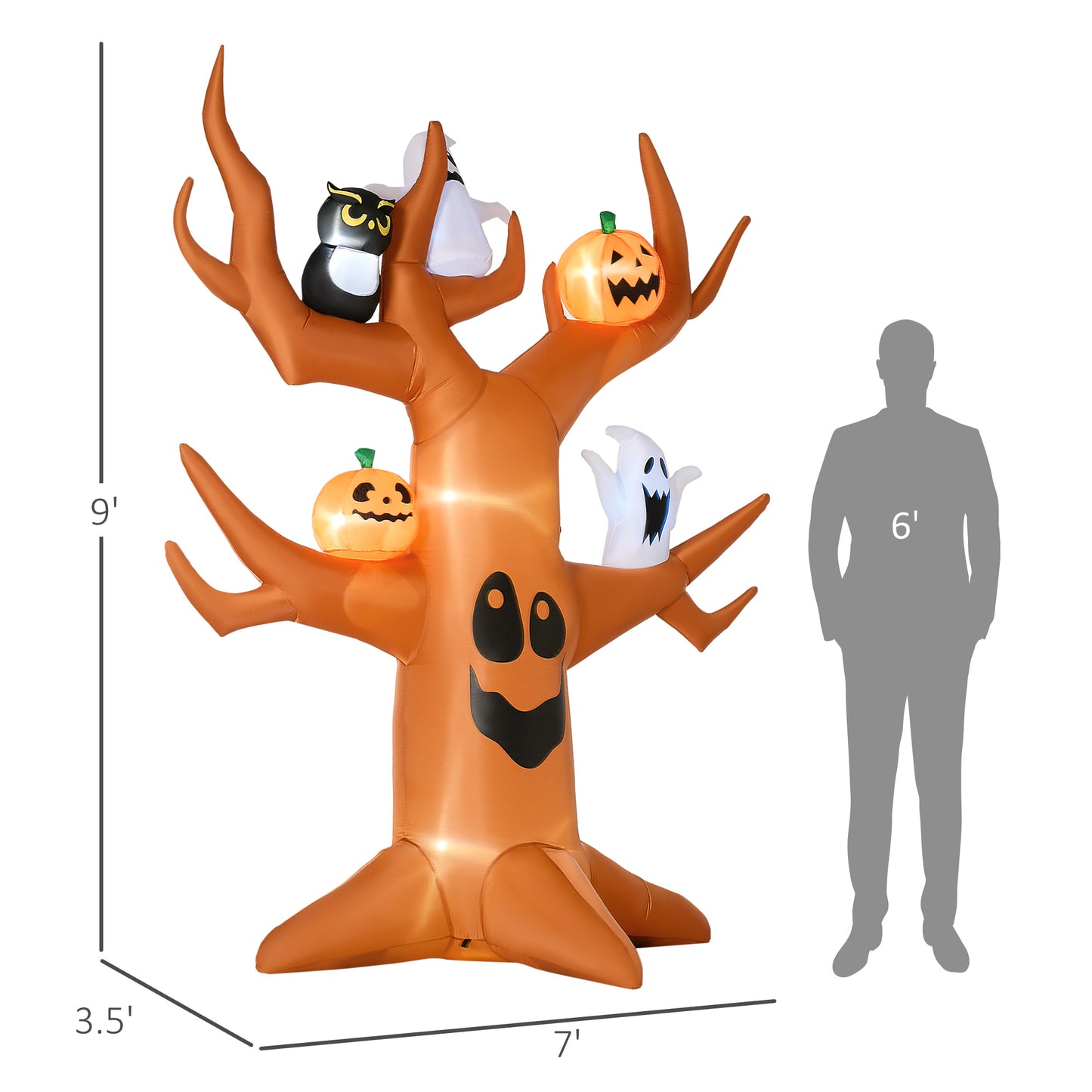 HOMCOM Inflatable Halloween Decoration Haunted Tree with Owl/Ghost/Pumpkins, Blow-Up Outdoor LED Display for Lawn, Garden, Party