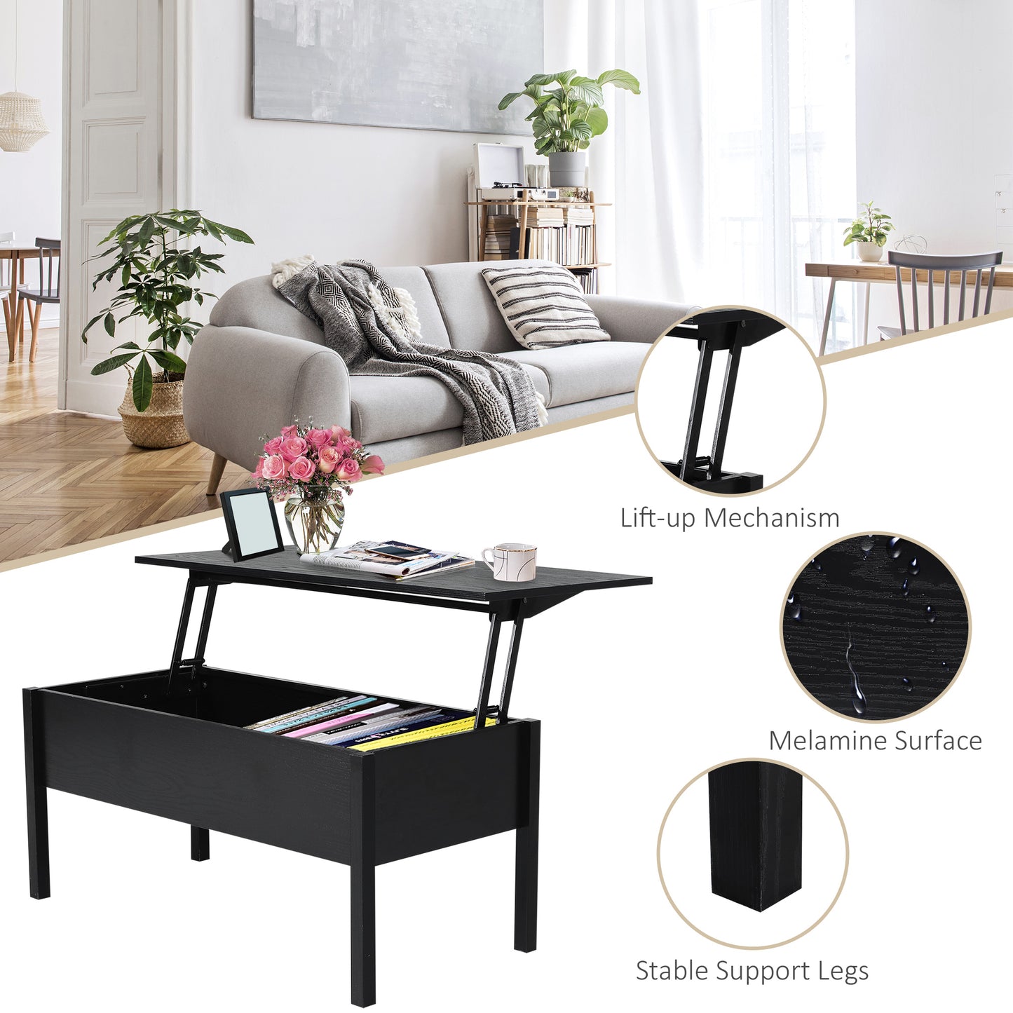 HOMCOM 39" Modern Lift Top Coffee Table with Hidden Storage Compartment, Center Table for Living Room, Grey