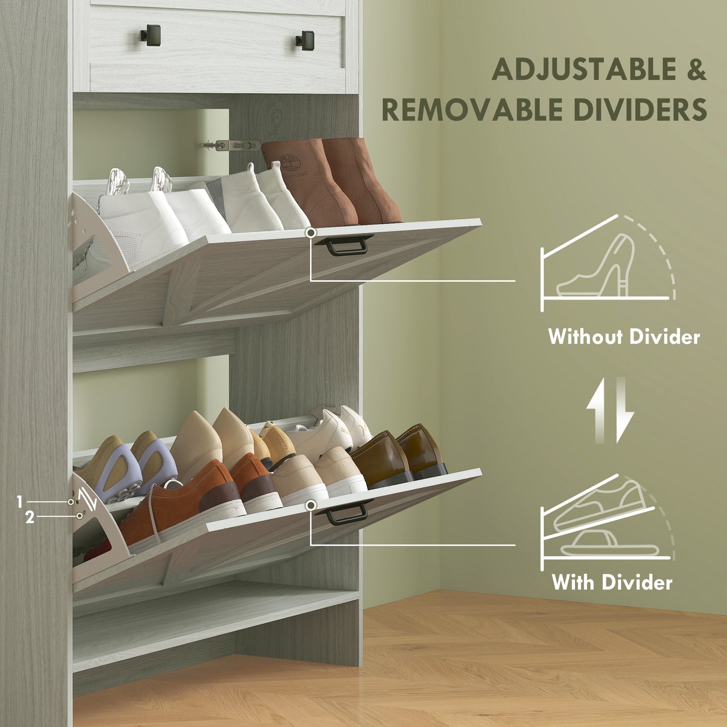 HOMCOM Narrow Shoe Storage Cabinet, Farmhouse Shoe Cabinet with 2 Flip Drawers, 1 Drawer, 12 Pairs for Entryway, White