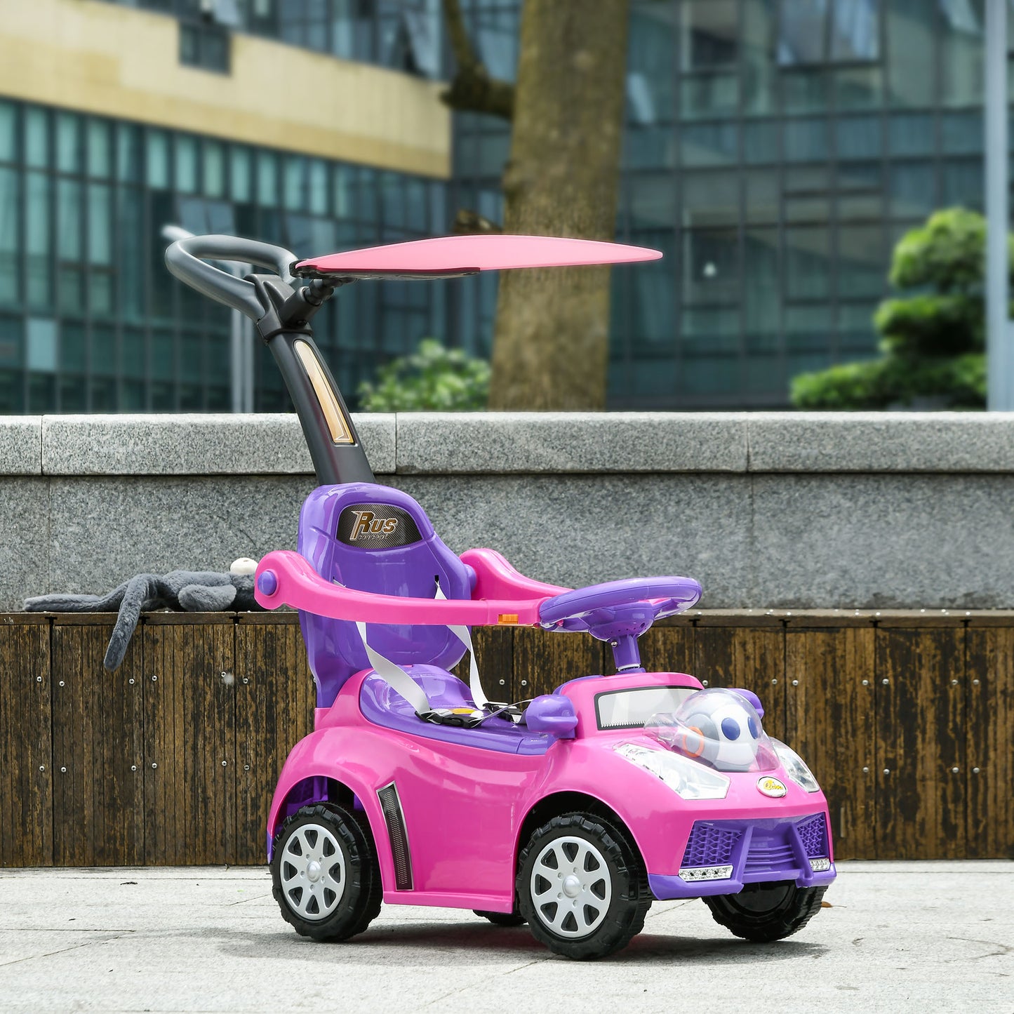 Qaba 3 in 1 Kids Push Car Toddler Sliding Car, Foot to Floor Design with Music, Light, Handle, Removable Canopy, Pink