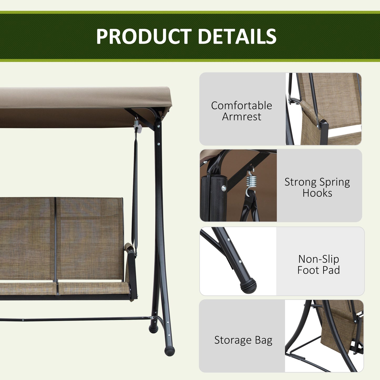 Outsunny 3 Person Porch Swing Outdoor Swing Chair with High Back Design, Side Pouches and Adjustable Canopy, Dark Grey