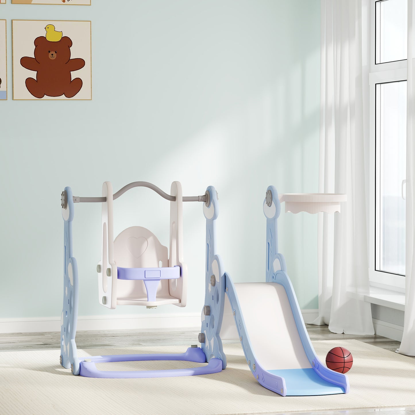 Qaba 8 in 1 Slide and Swing Set, Baby Swing Set with Basketball Hoop, Climber, Steering Wheel, for Aged 1-3 Years, Yellow