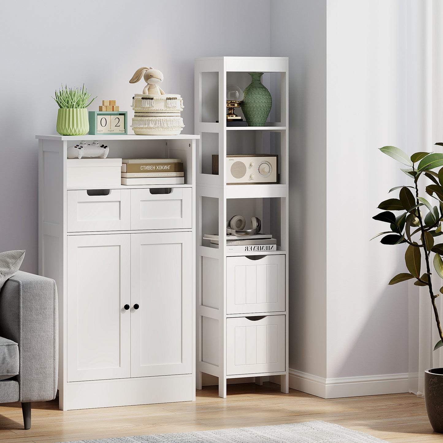 HOMCOM Narrow Bathroom Storage Cabinet, Bathroom Cabinet with 2 Drawers & 3 Open Shelves, Slim Bathroom Floor Cabinet, White