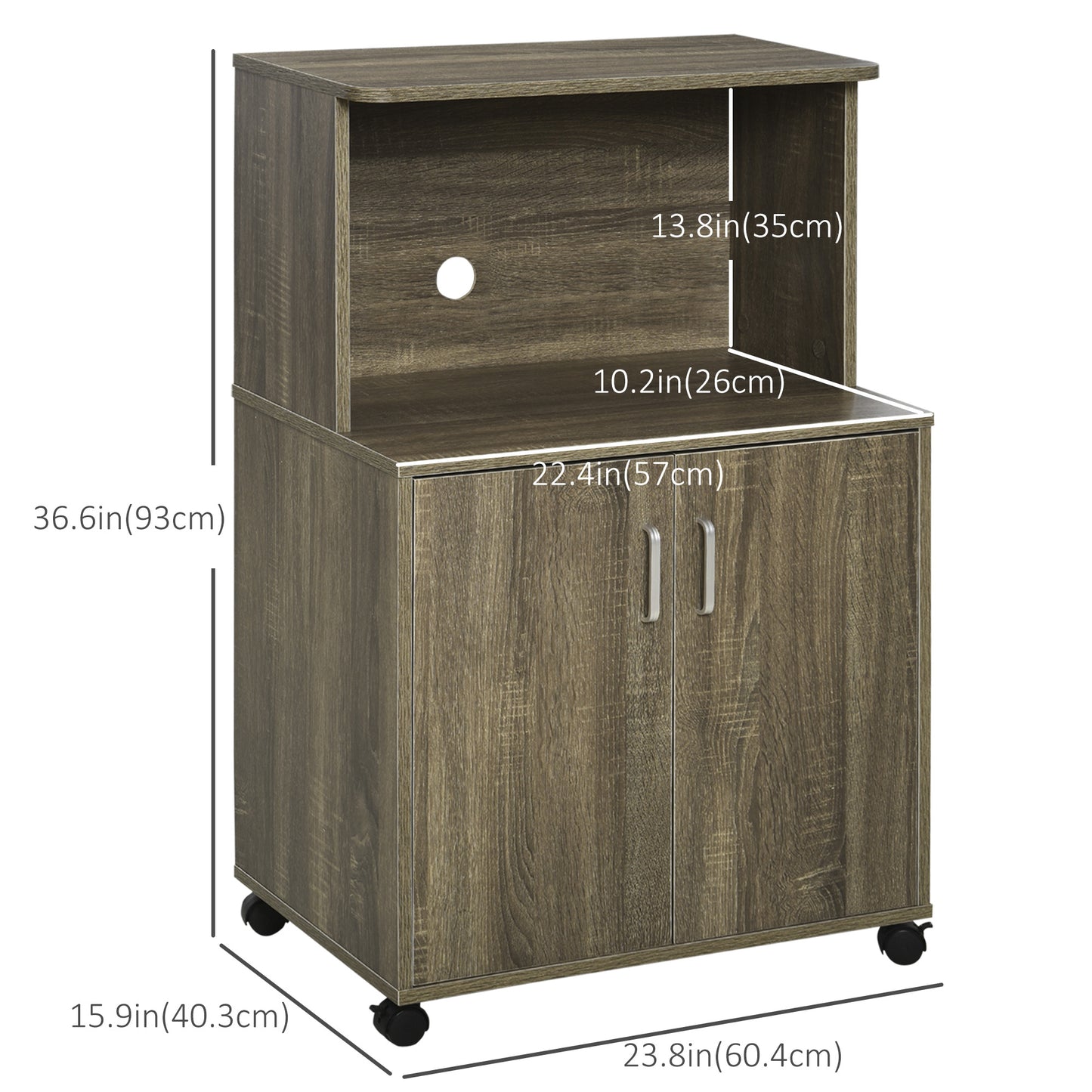 HOMCOM Microwave Cart on Wheels Utility Trolley Storage Sideboard Bookcase with 2-door Cabinet, White Oak