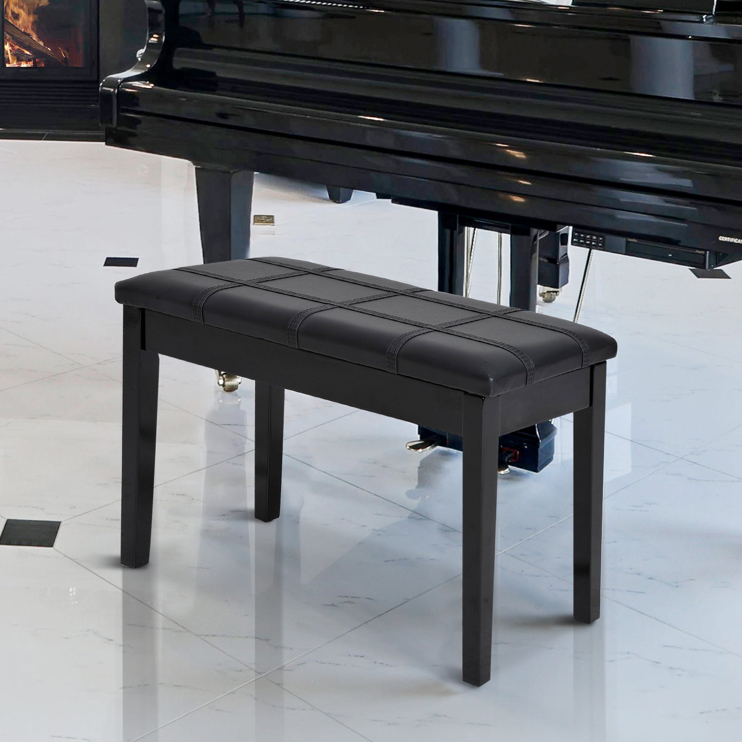 HOMCOM Classic Piano Bench Stool, PU Leather Padded Keyboard Seat with Rubber Wood Legs and Music Storage Compartment, Banded Seat, Black