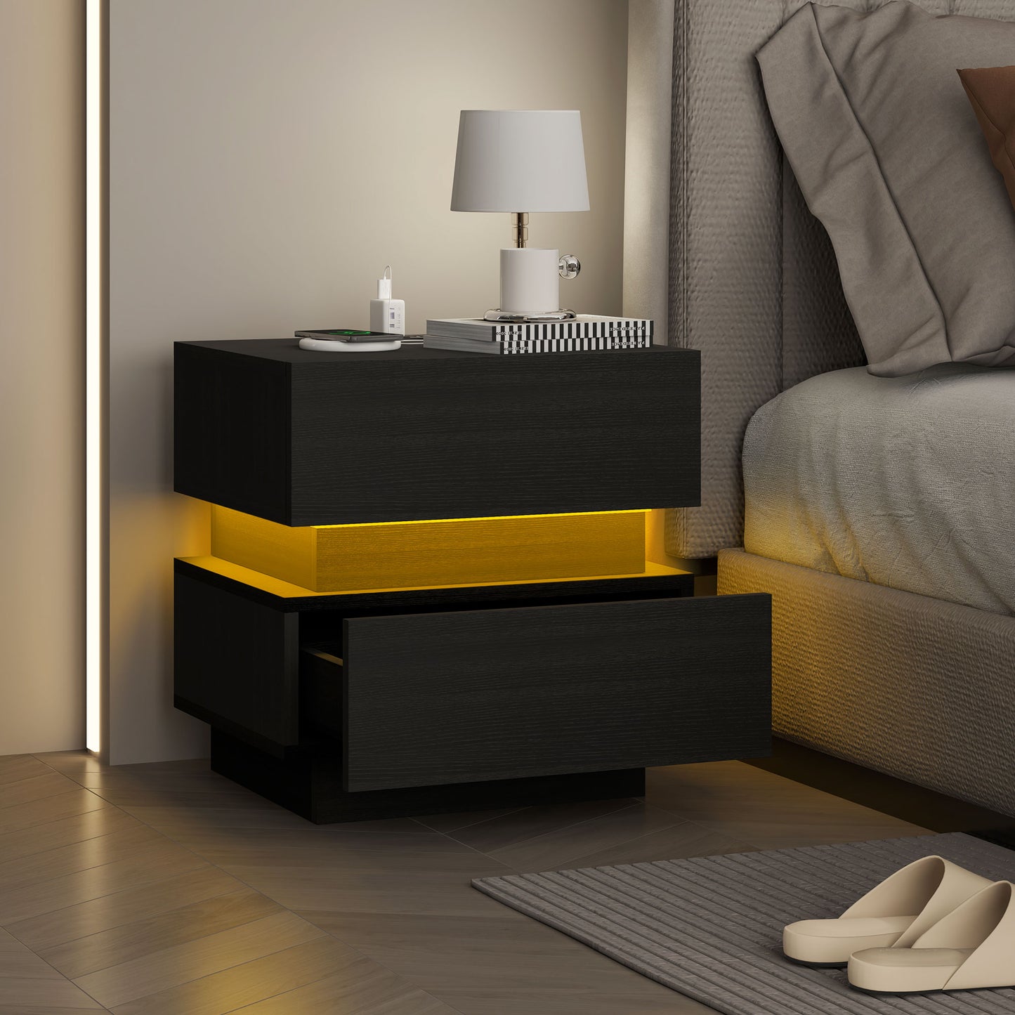 HOMCOM Bedside Table with Charging Station and LED Light Modern Nightstand with USB Ports AC Outlets Drawers Remote, Black