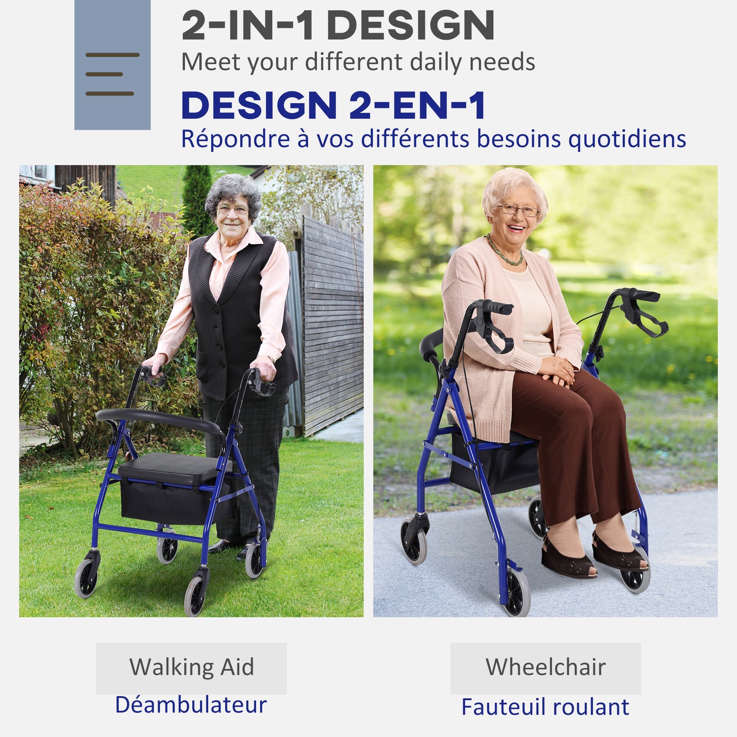 HOMCOM Folding Aluminum Rollator Walker with Adjustable Handle Height, Cushioned Flip Up Seat and Convenient Storage Bag, Rolling Wheels with 2 Barker, Blue