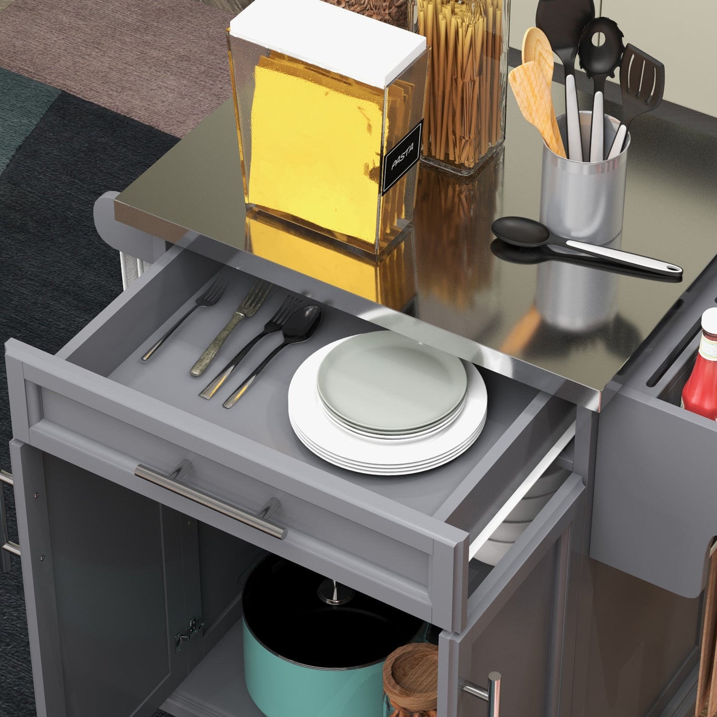 HOMCOM Kitchen Island with Stainless Steel Top, Rolling Kitchen Cart on Wheels with Storage Drawer, Cabinet, Towel Rack and Spice Rack (Black)