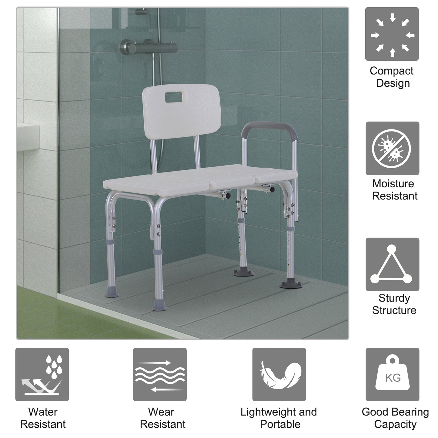HOMCOM Bath Chair with Back, Adjustable Height Non-slip Shower Stool Bench Tool-Free Assembly Bathroom Aids, White