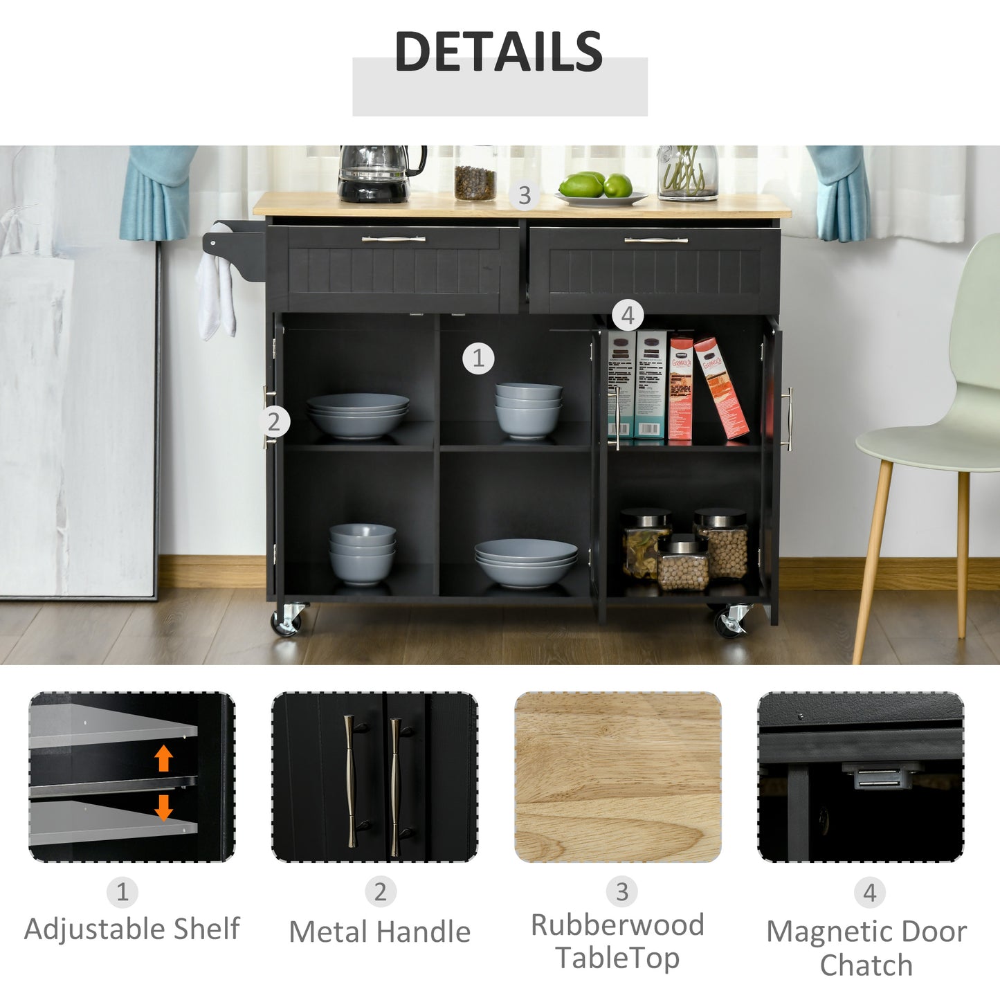 HOMCOM Modern Kitchen Island, Utility Kitchen Serving Cart with 2 Storage Drawers & Cabinets for Dining Room, Black
