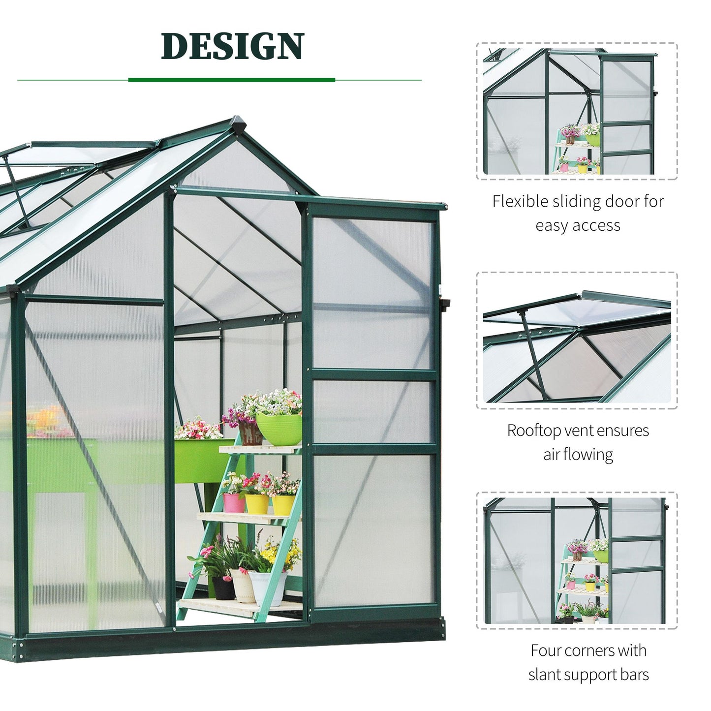 Outsunny 6' x 10' x 6.6' Polycarbonate Greenhouse, Walk-In Green House Kit Garden, Plants Grow, Galvanized Sheet Aluminum Frame with Rain Gutter, Vents and Sliding Door, Green