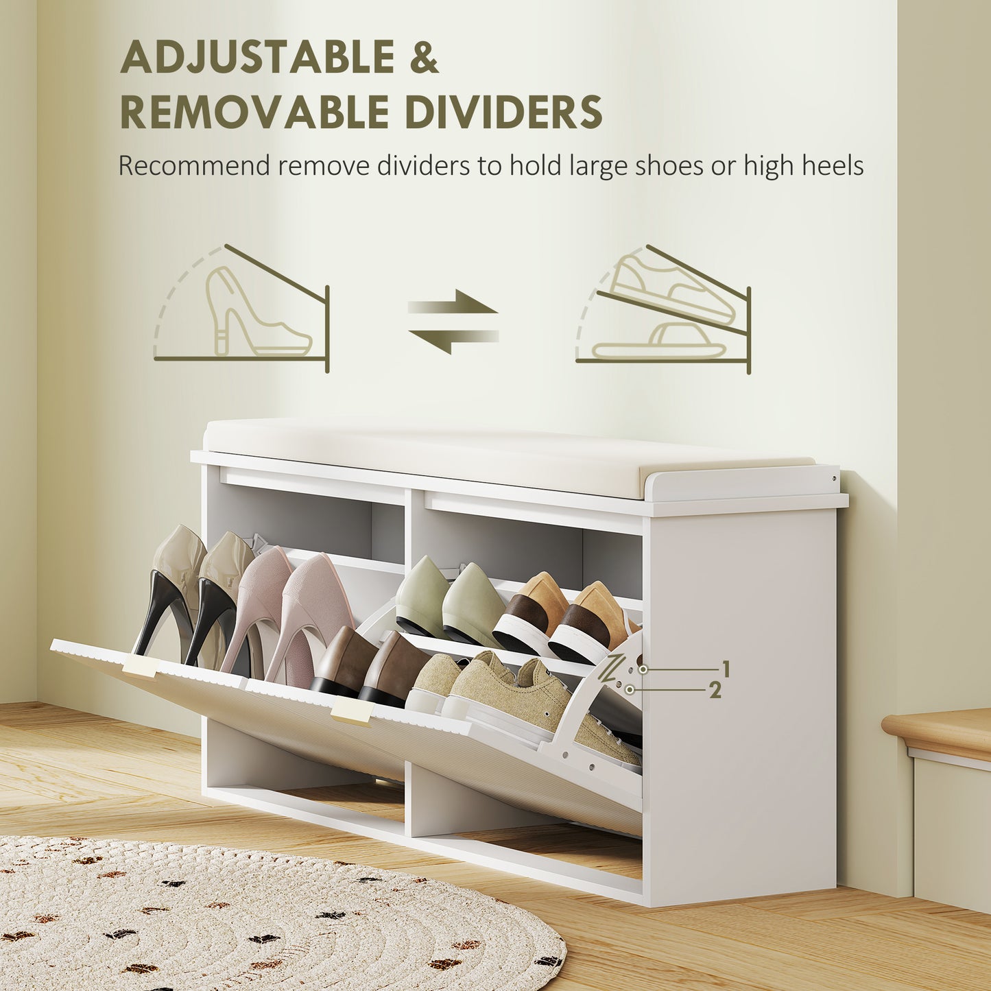 HOMCOM Entryway Bench with Padded Seat and Flip-Drawers, Holds up to 529lbs, Shoe Storage Bench for 10 Pairs of Shoes, White