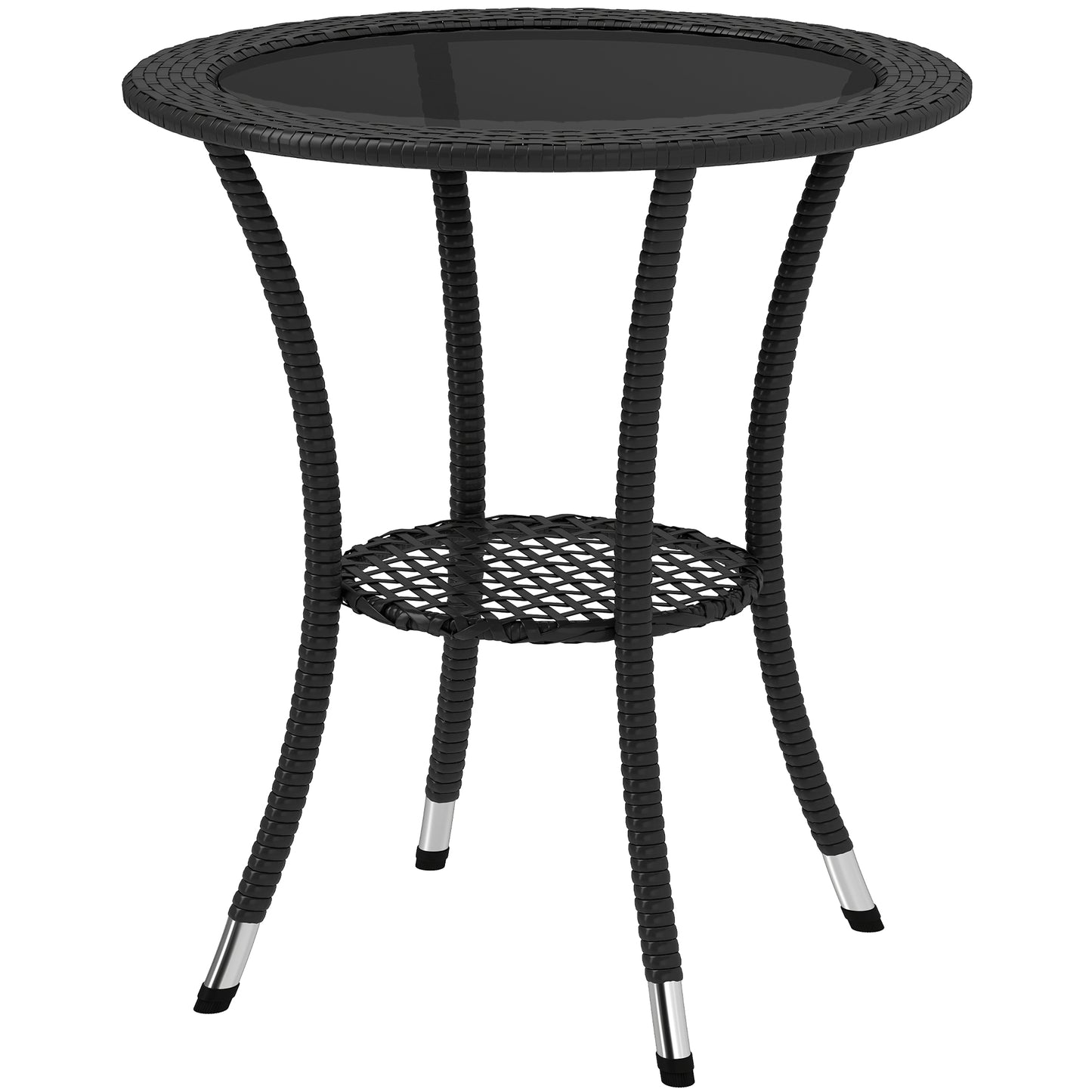 Outsunny Outdoor Rattan Dining Table, Patio Wicker Round Coffee Table with 2-Tier Storage Shelf, Brown