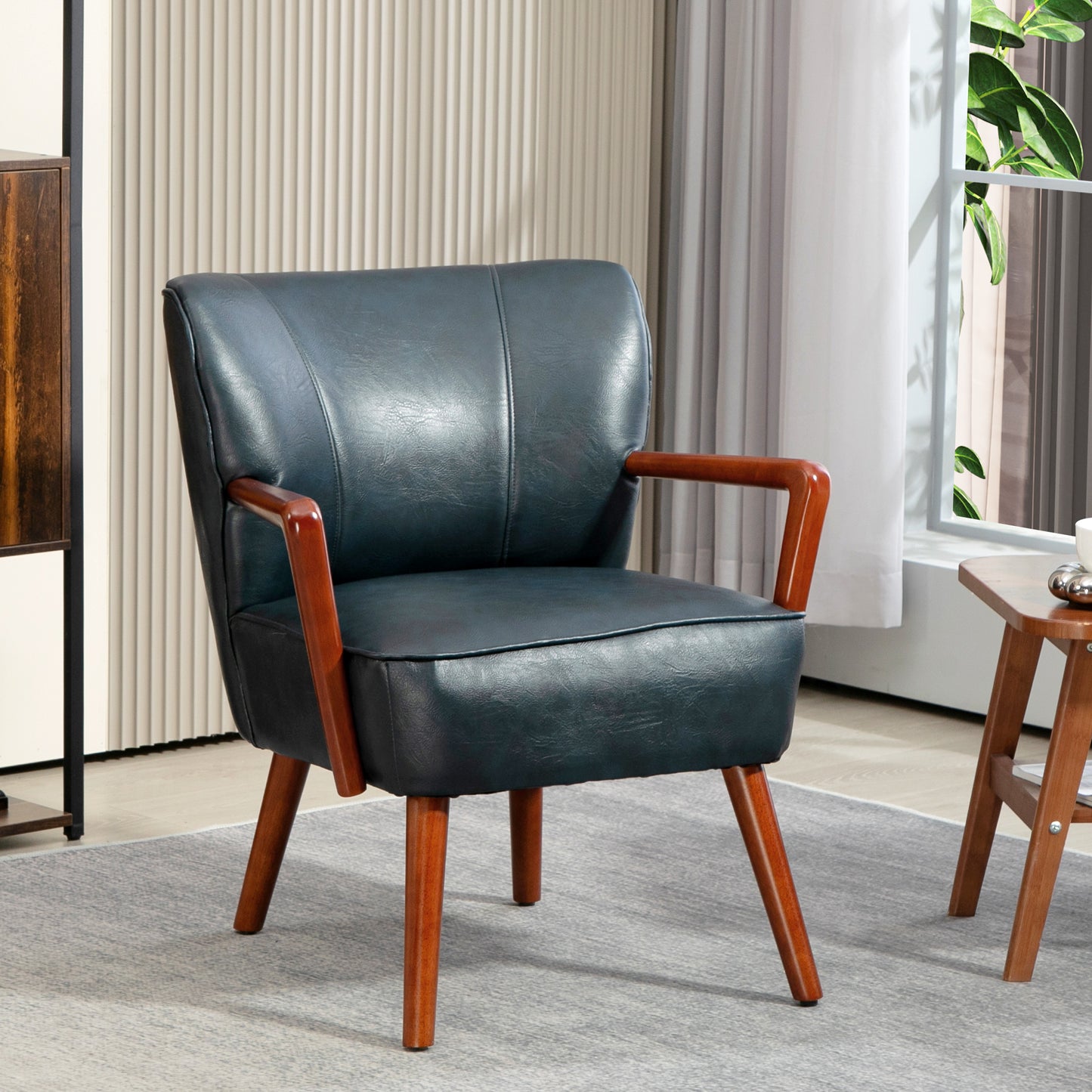 HOMCOM Accent Chair, Modern Armchair, Faux Leather Upholstered Living Room Chair with Wood Legs and Wide Padded Seat, Blue