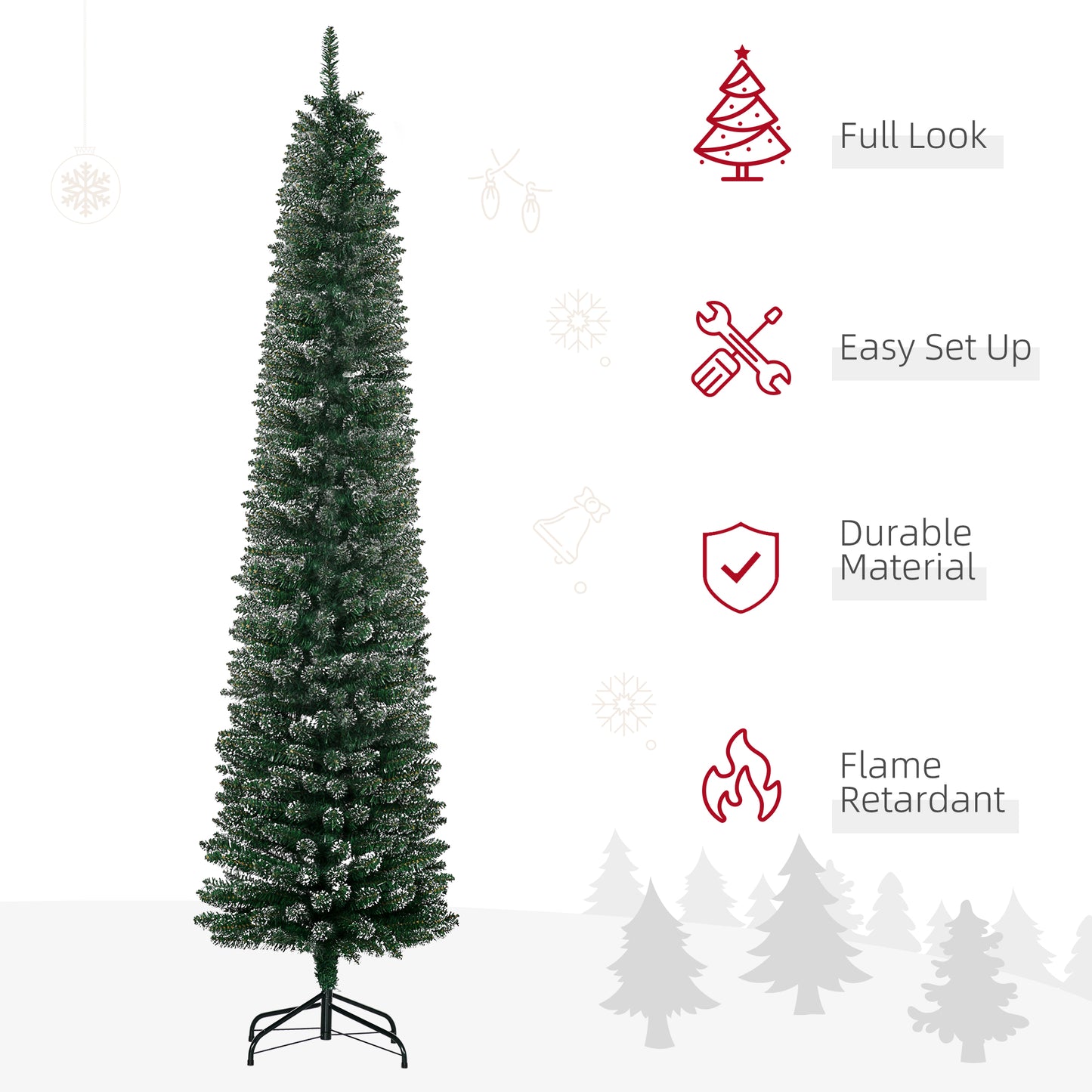 HOMCOM 6FT Artificial Snow Dipped Christmas Tree Xmas Pencil Tree Holiday Home Indoor Decoration with Foldable Black Stand, Green