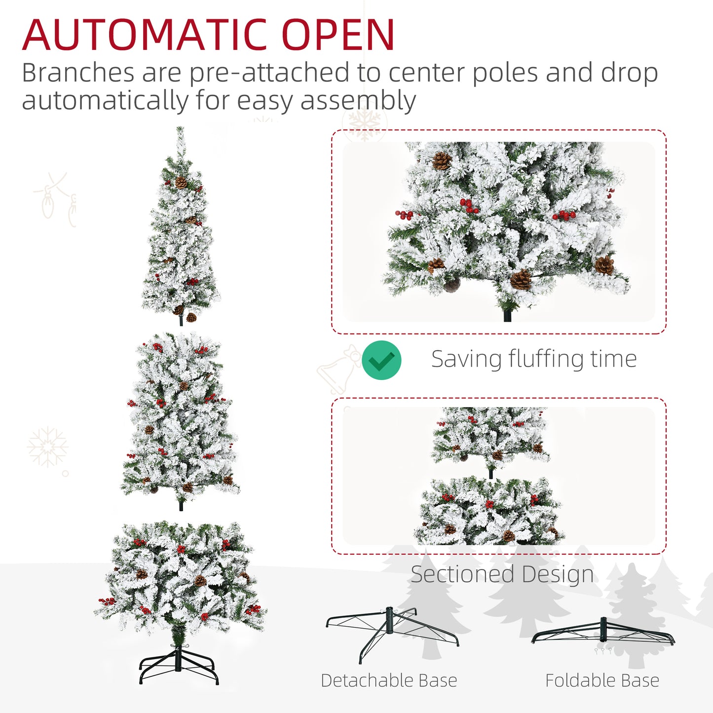 HOMCOM 9-foot Pencil Snow Flocked Artificial Christmas Tree with 1350 Pine Realistic Branches, Pine Cones, Red Berries, Auto Open, Green