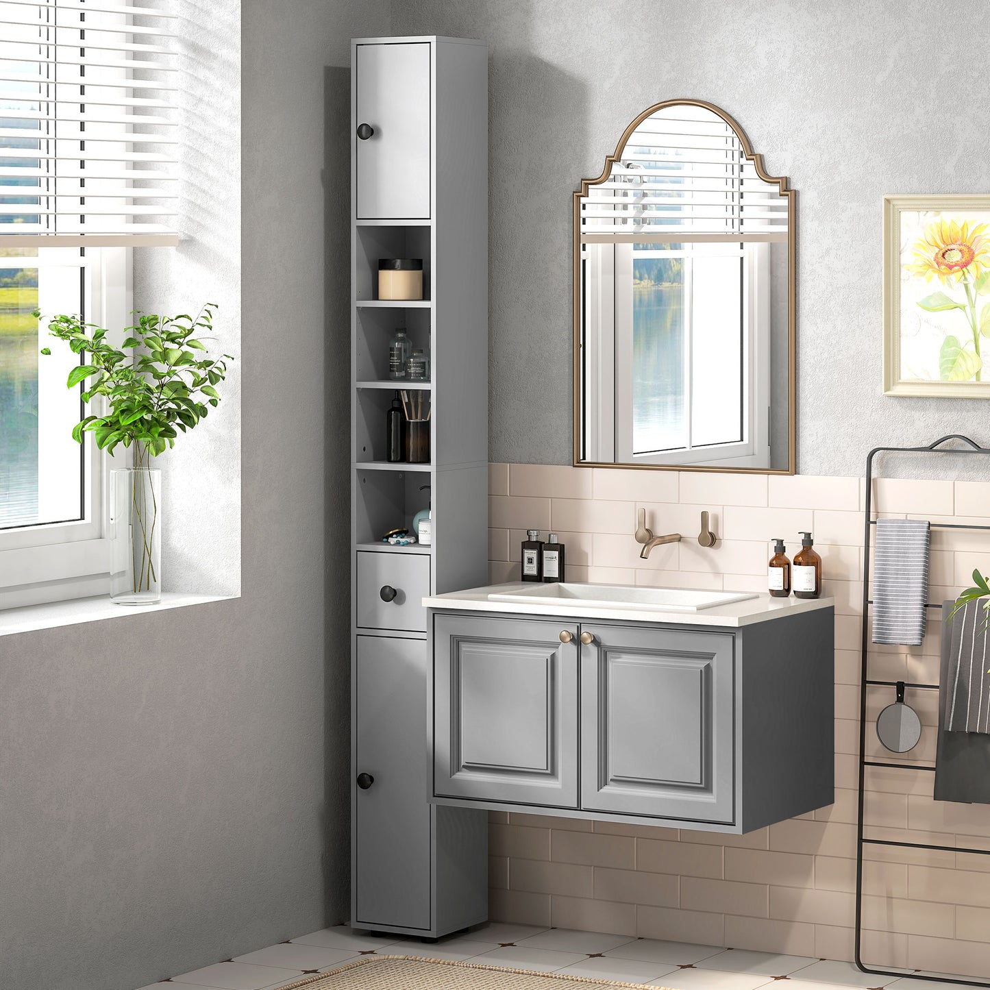 kleankin 71" Tall Bathroom Storage Cabinet, Narrow Bathroom Cabinet with Open Shelves, 2 Door Cabinets, Adjustable Shelves, for Kitchen, Hallway, Living Room, White
