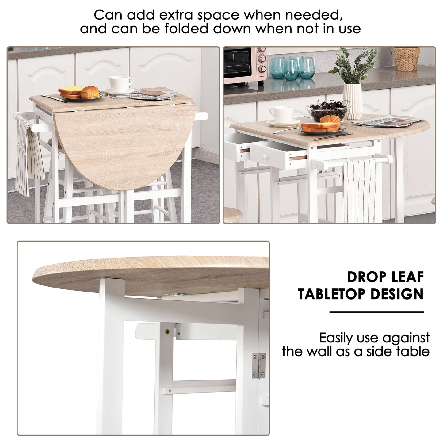 HOMCOM Kitchen Trolley 3 Piece Kitchen Cart Set Drop Leaf Breakfast Table and 2 Stools w/ Rolling Wheels & Towel Bars, Wood & White
