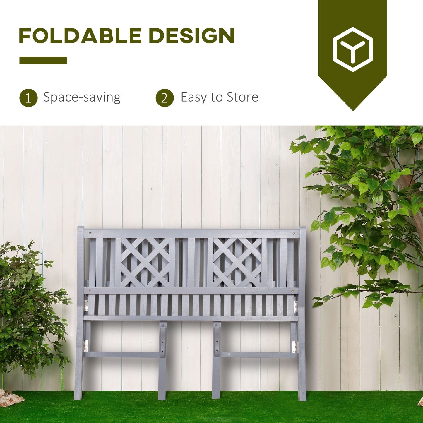 Outsunny Foldable Garden Bench, 2-Seater Patio Wooden Bench, Loveseat Chair with Backrest and Armrest for Patio, Porch or Balcony, Grey