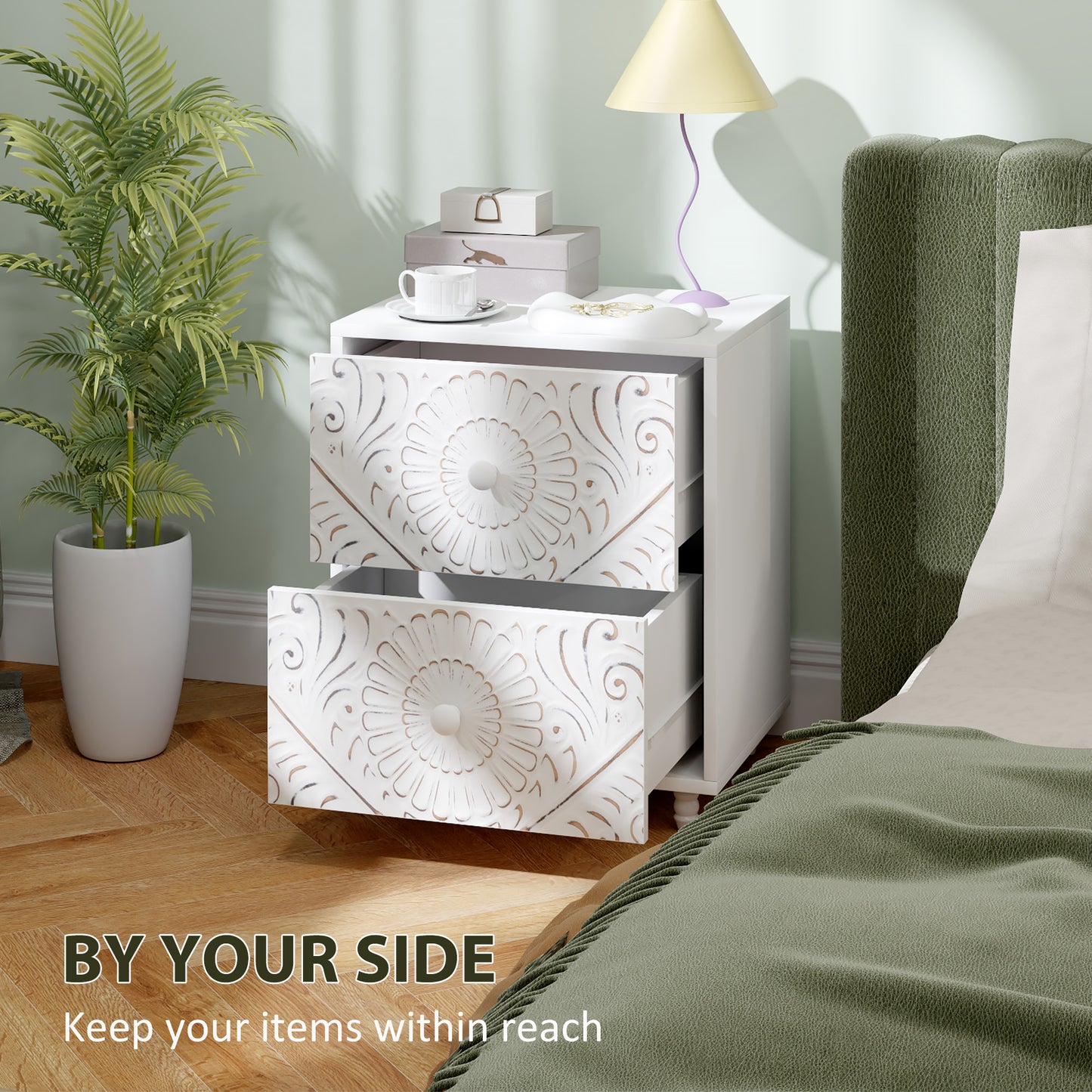 HOMCOM Mid-Century Bedside Table, Nightstand with 2 Drawers, Side End Table for Bedroom, White