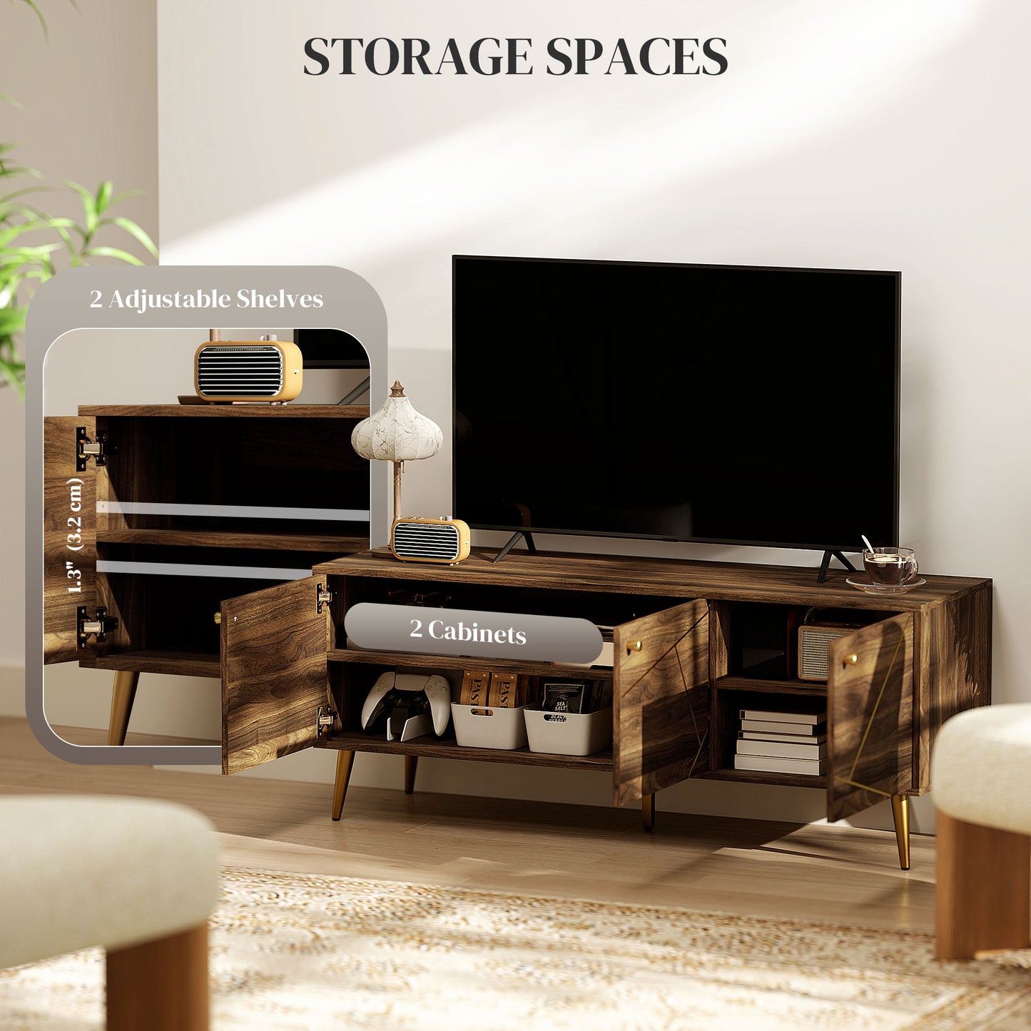 HOMCOM Modern TV Stand for up to 60" TV, TV Cabinet with Adjustable Shelves, Cable Management for Living Room, Rustic Brown