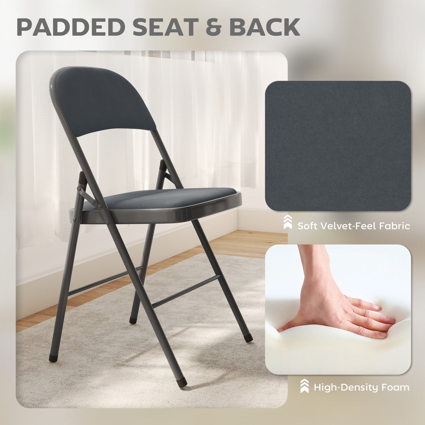 HOMCOM 4 Pack Folding Chairs with Padded Seats, Velvet Portable Party Chairs with Steel Frame, Beige