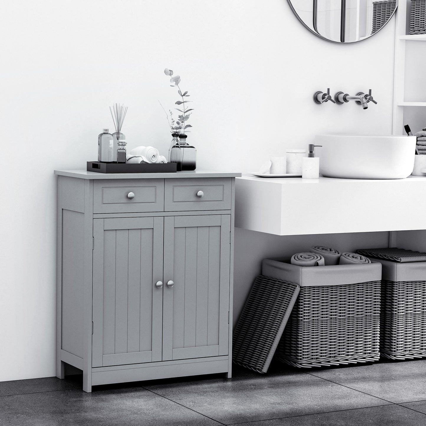 kleankin Freestanding Bathroom Floor Cabinet, Organizer Floor Tower with 2 Door, 2 Drawers, Adjustable Shelf, Grey