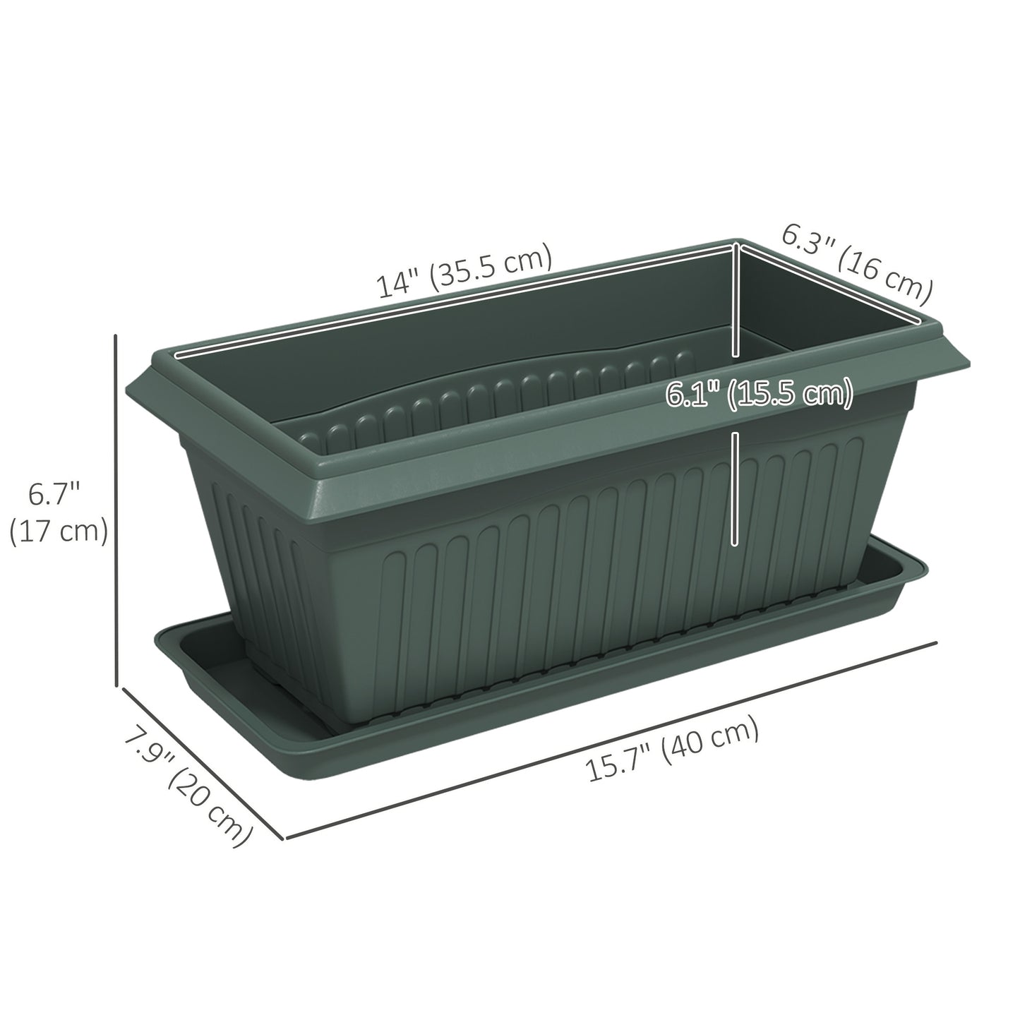 Outsunny 7 Pack 15.7" Plastic Flower Planters with Drainage Holes and Trays, Plant Pots for Indoor Outdoor Plants, Green